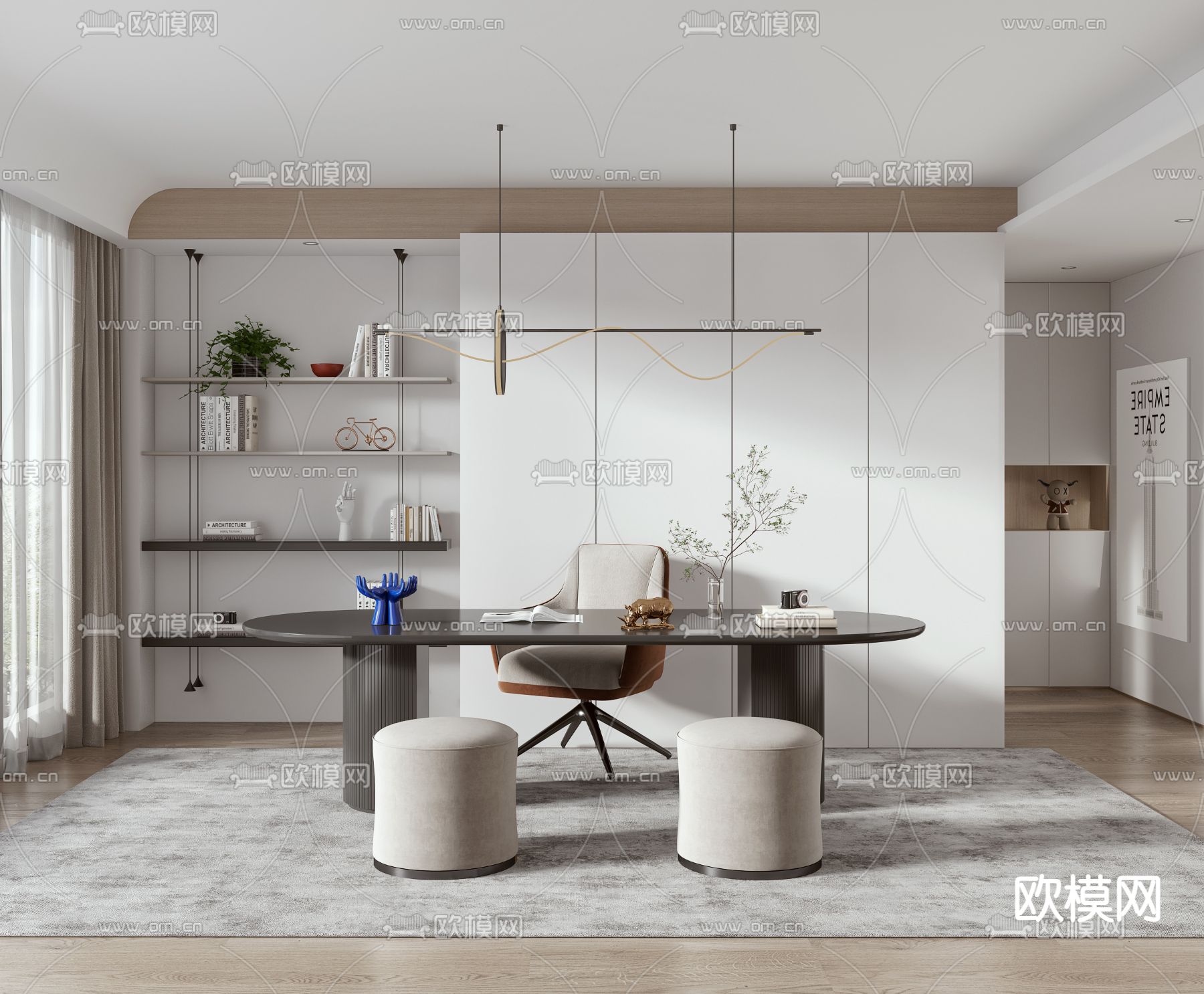 现代奶油风书房3d模型下载_ID12109034_3dmax免费模型-欧模网