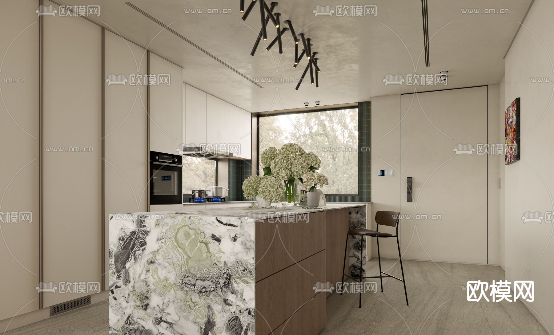 现代奶油风挑空别墅客厅 餐厅3d模型