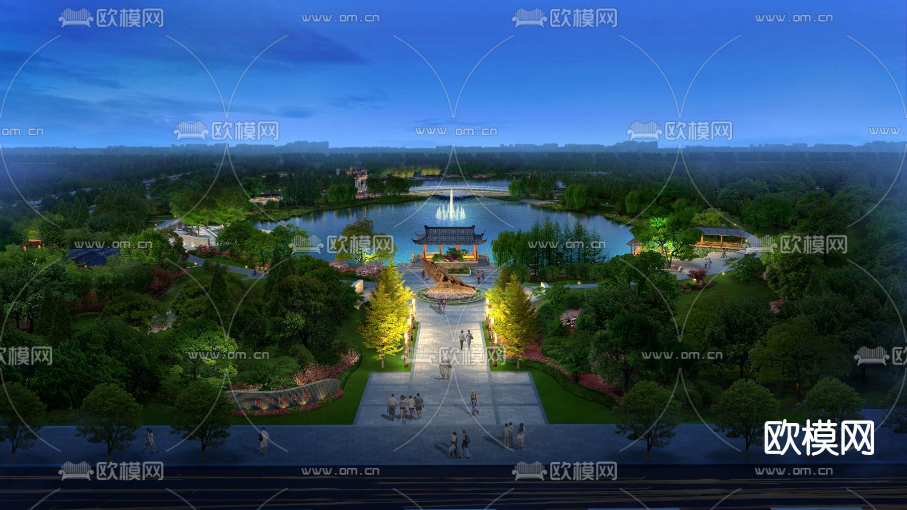 新中式公园凉亭夜景鸟瞰psd下载