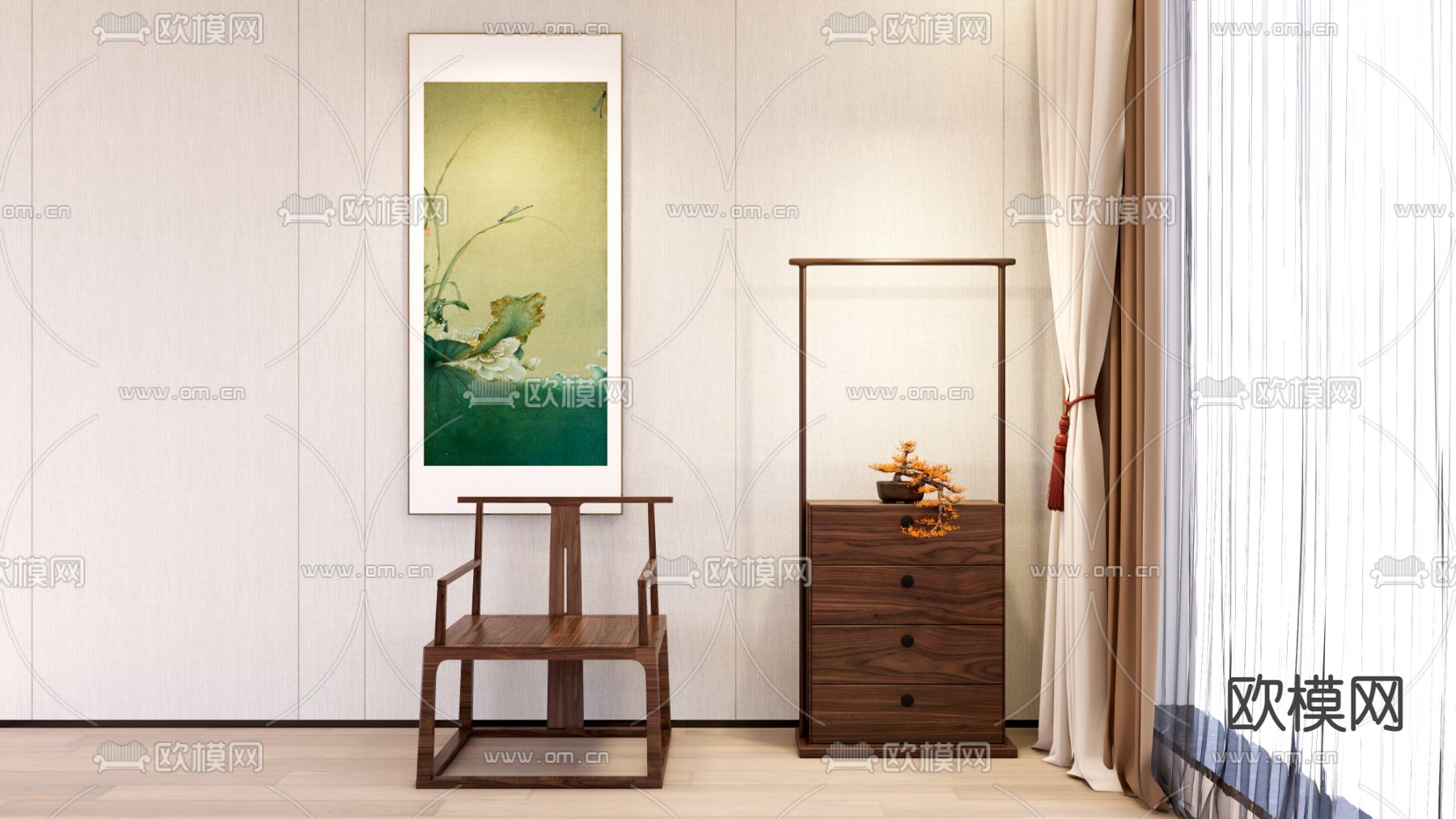 新中式休闲椅子su模型下载（渲染图1）