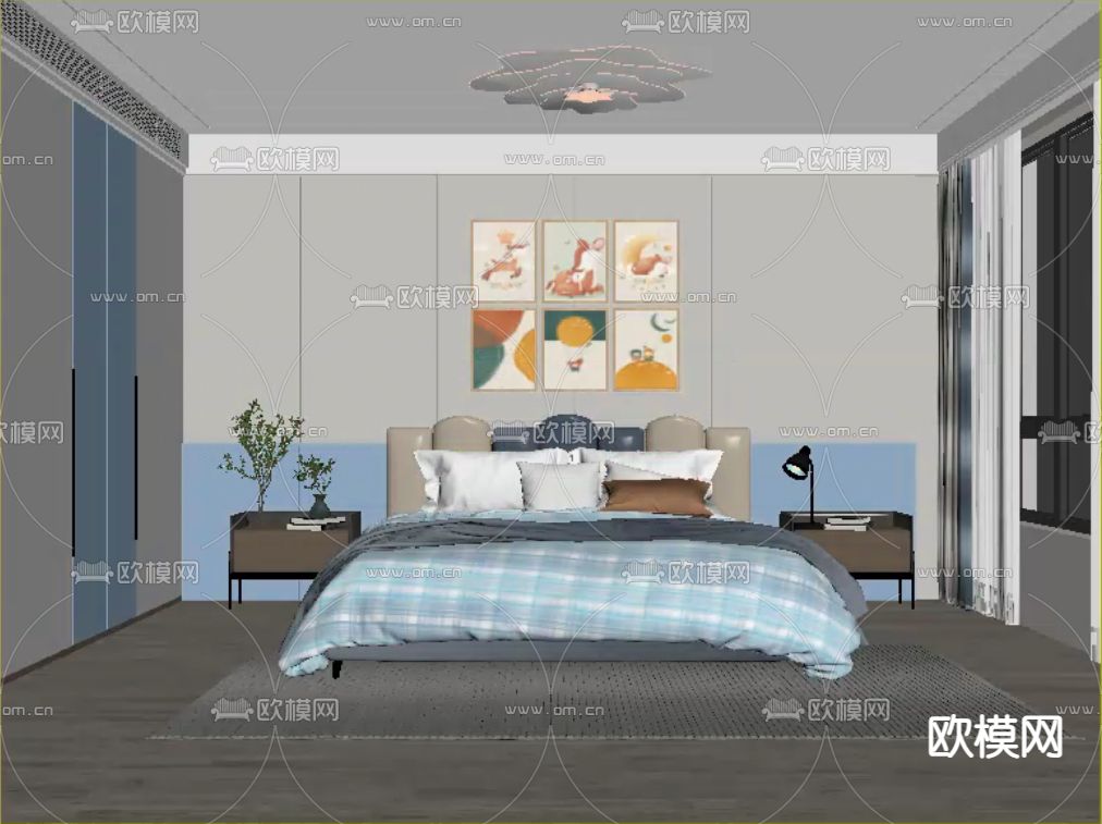 北欧风卧室男孩房su模型下载（渲染图2）