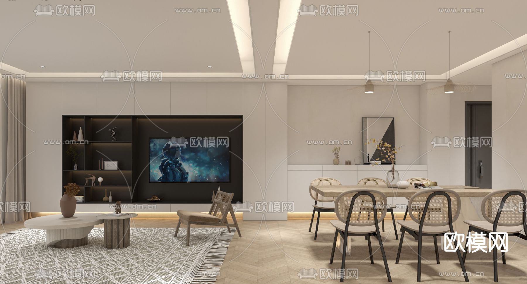 现代客厅餐厅主卧免费3d模型下载（渲染图1）