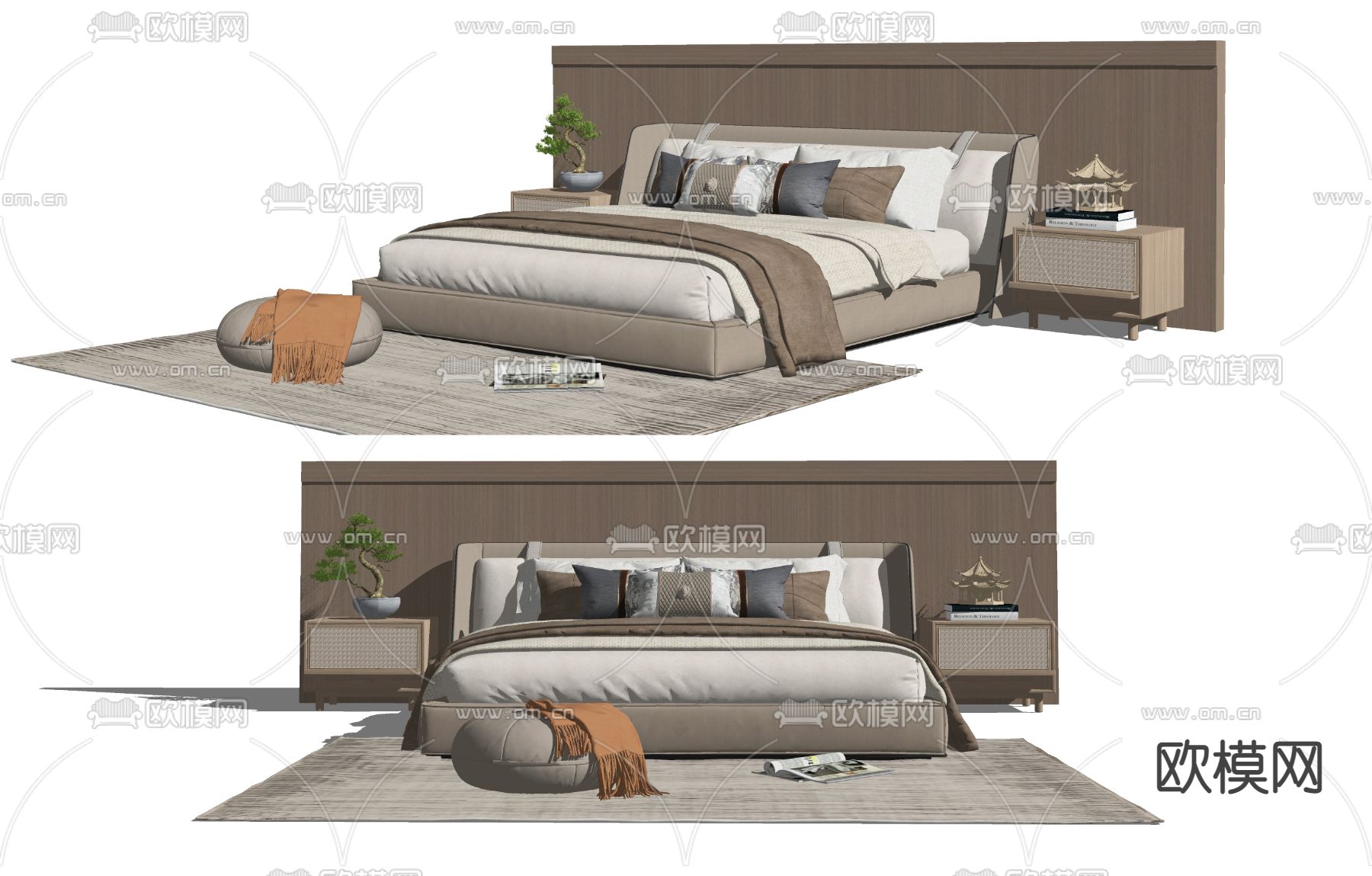 新中式白色双人床su模型下载（渲染图2）