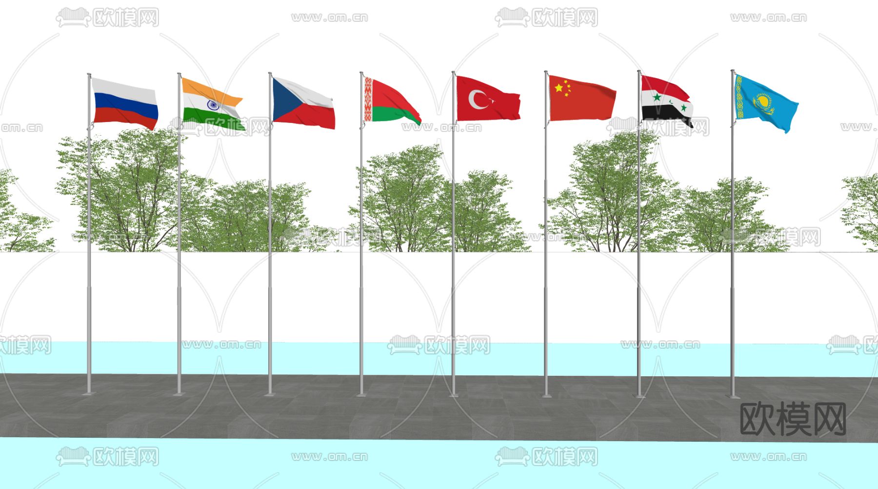 现代旗杆升旗台su模型下载（渲染图2）