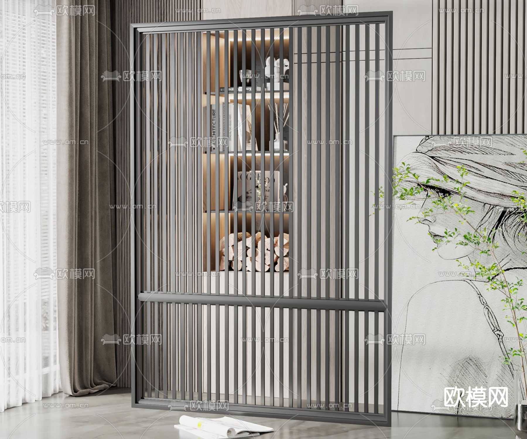 现代格栅隔断3d模型下载