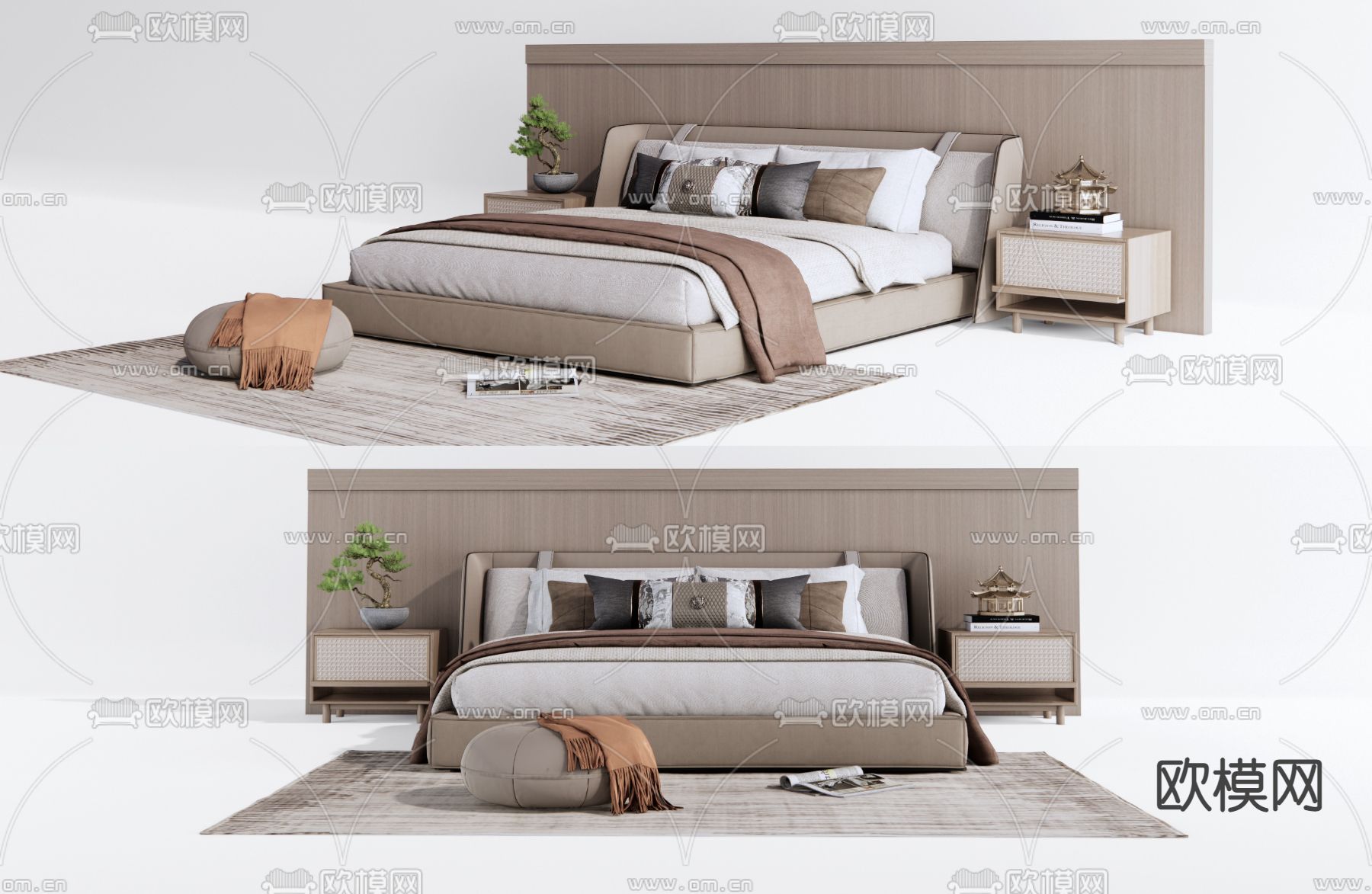 新中式白色双人床su模型下载（渲染图1）