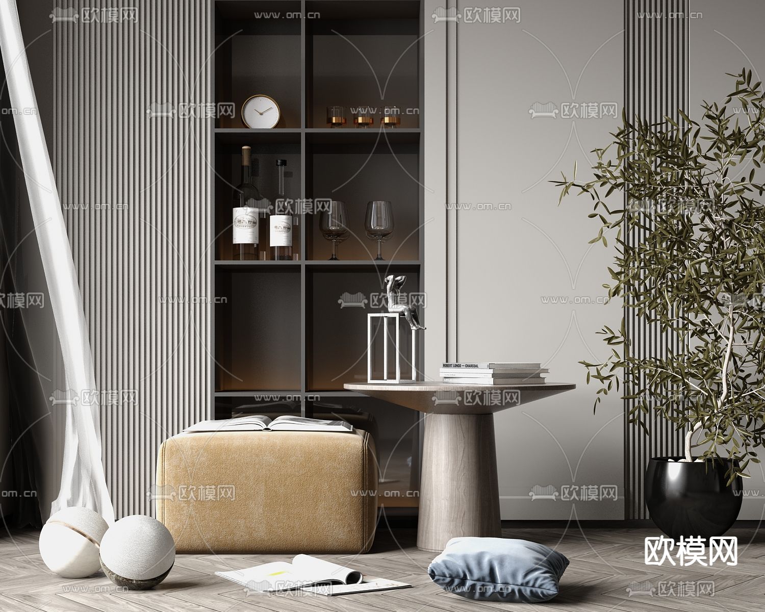 现代轻奢沙发凳角几饰品组合su模型下载（渲染图1）