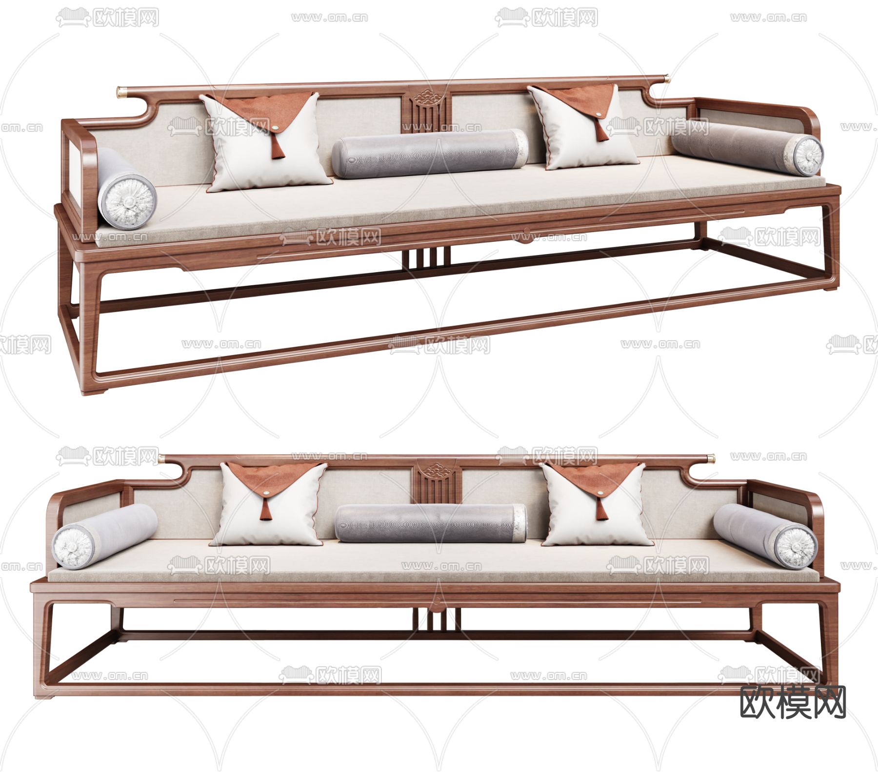 新中式白色罗汉床su模型下载（渲染图1）