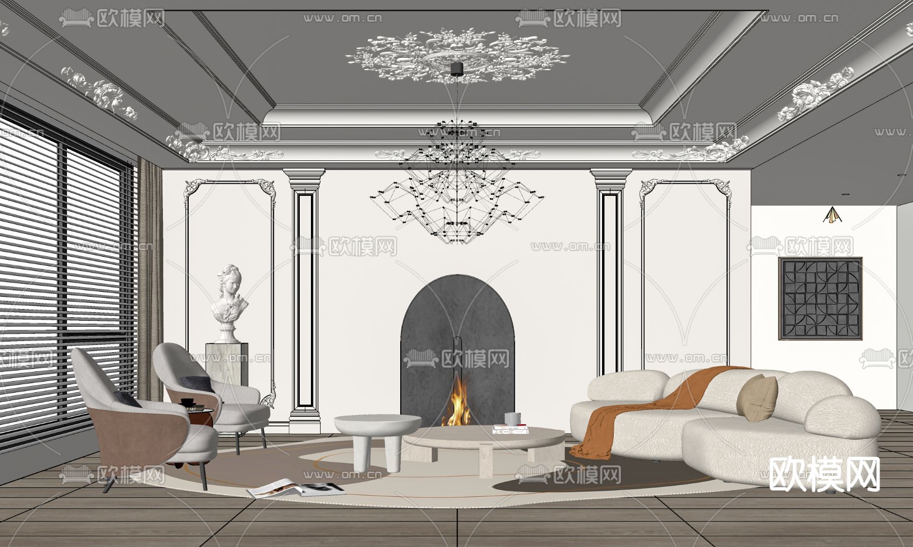 法式奶油风客厅su模型下载（渲染图2）