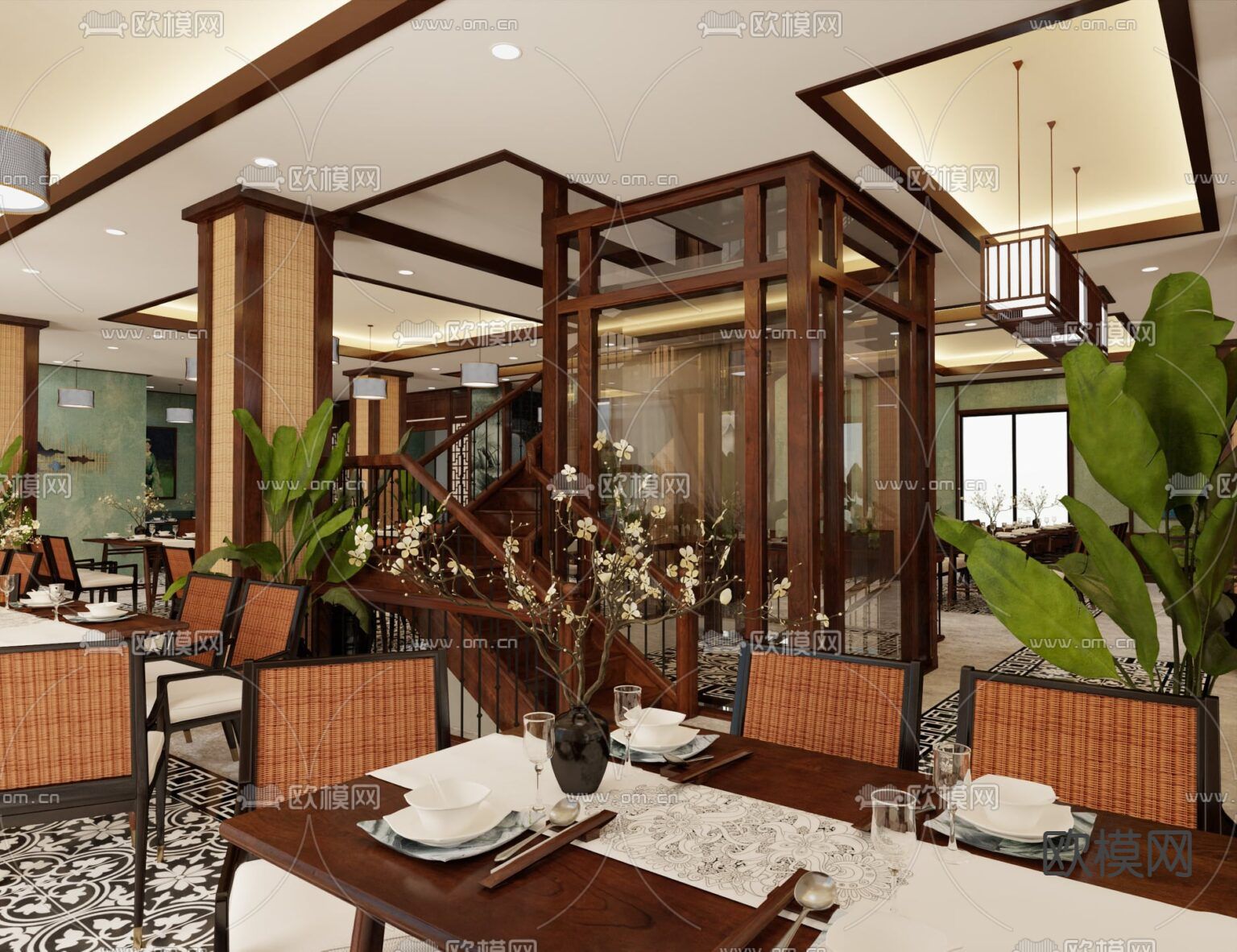 新中式古典禅意餐厅免费3d模型下载（渲染图5）