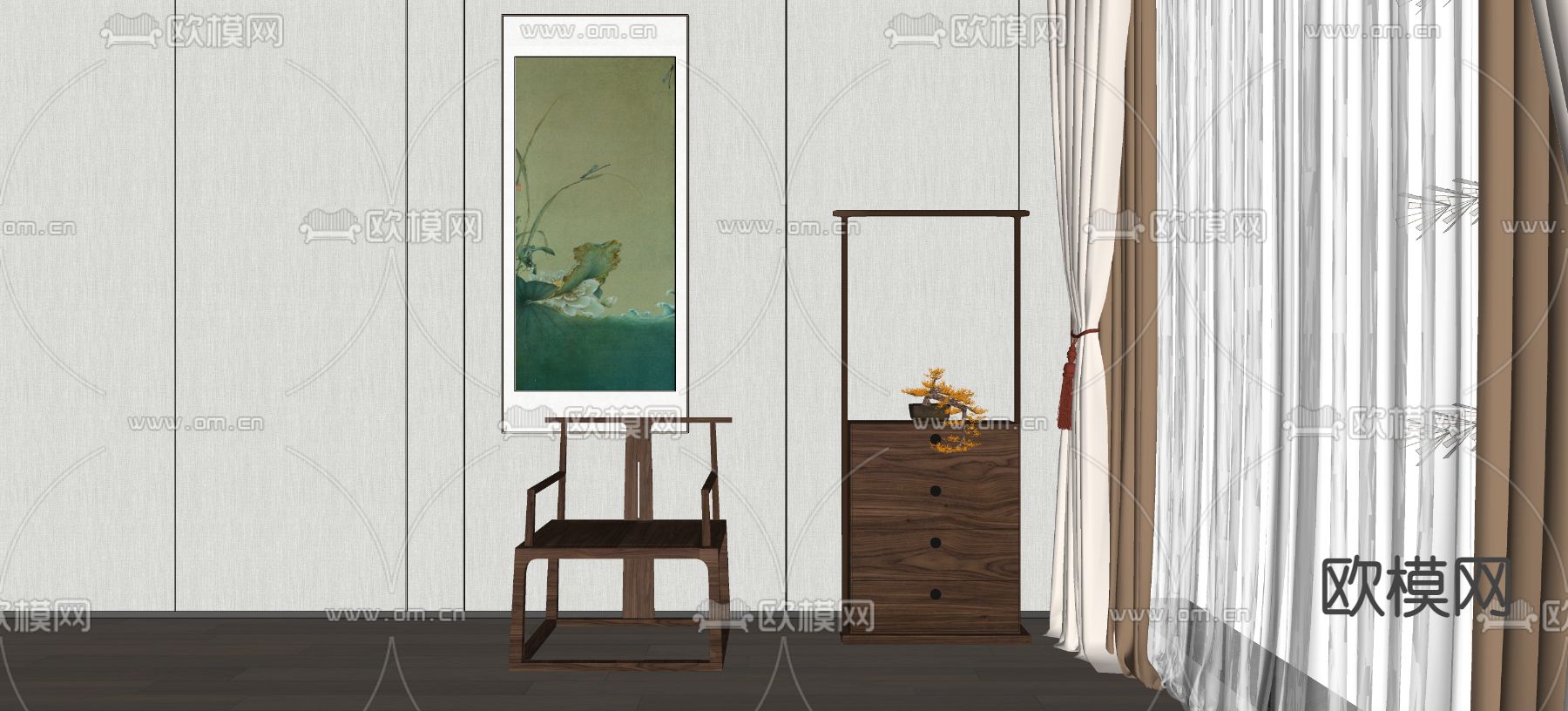 新中式休闲椅子su模型下载（渲染图2）