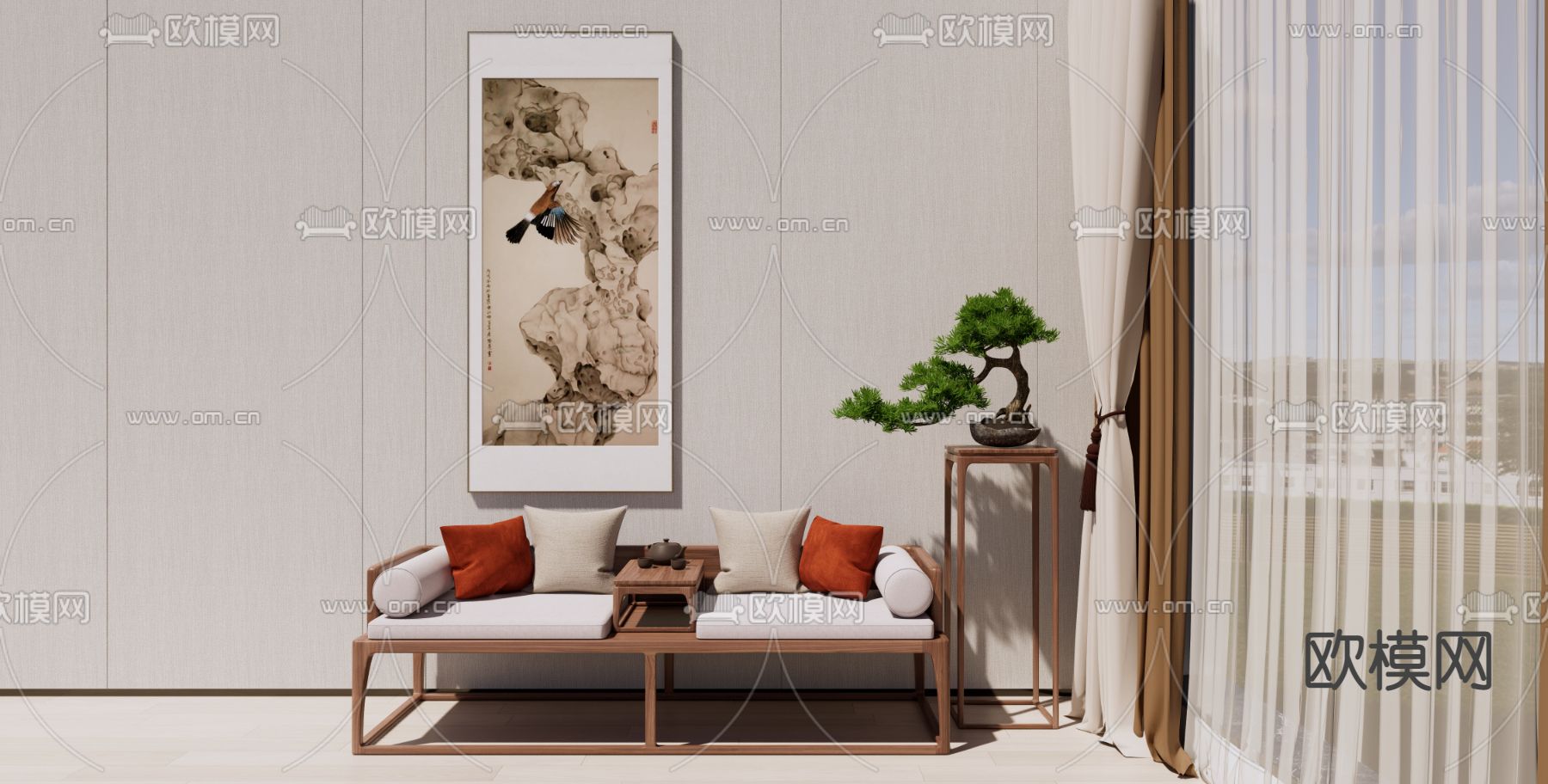 新中式罗汉床su模型下载（渲染图1）