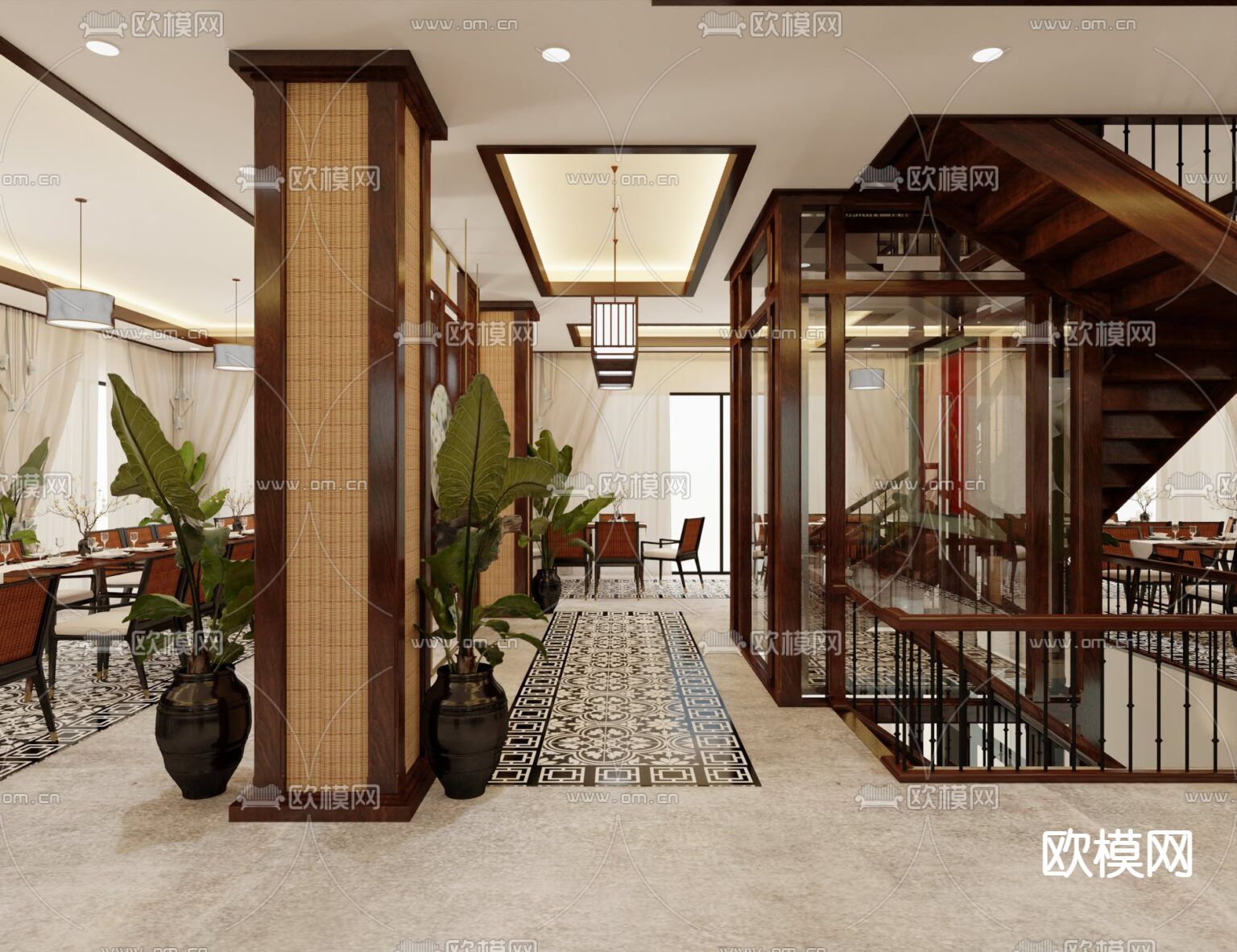 新中式古典禅意餐厅免费3d模型下载（渲染图2）
