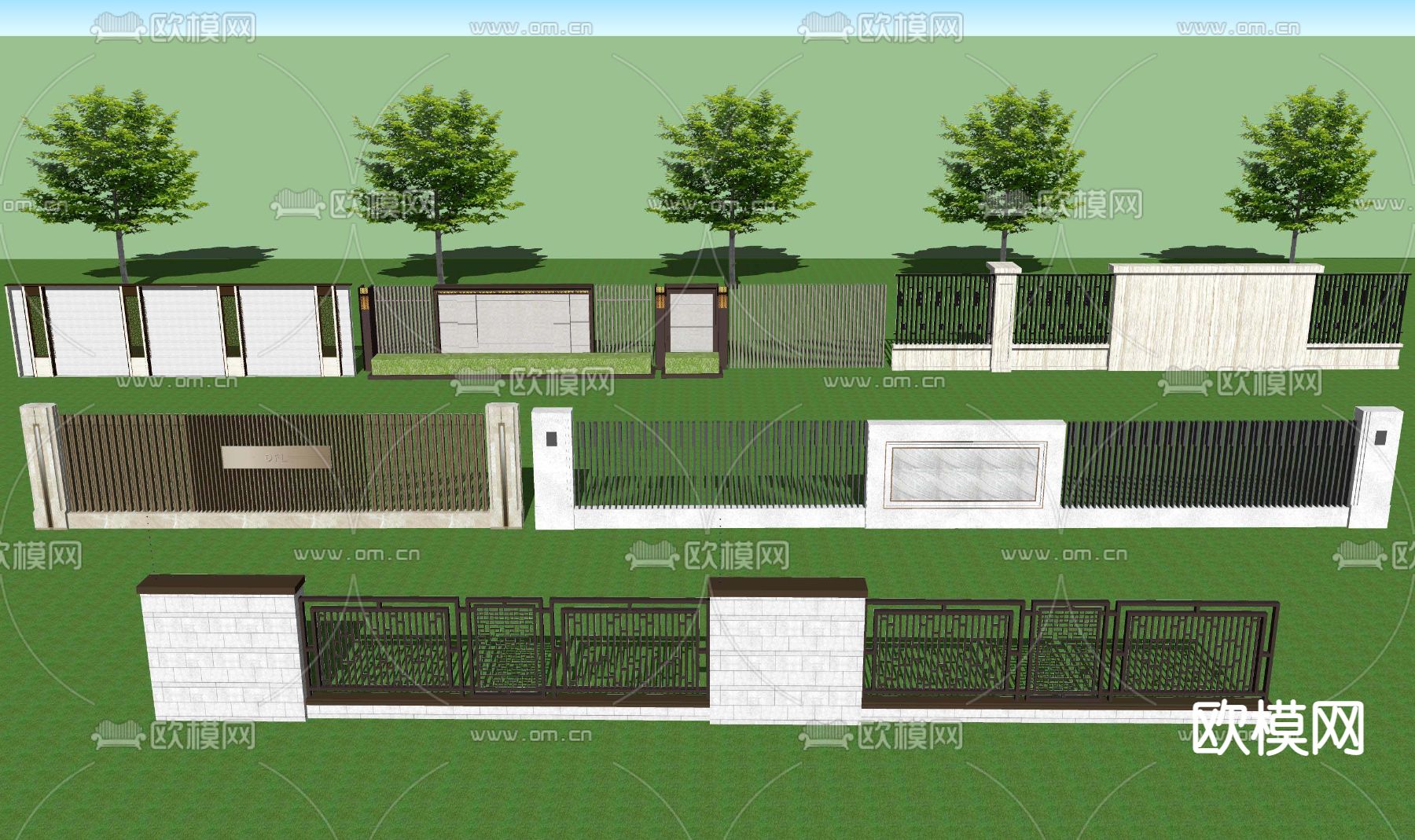 现代小区铁艺格栅栏杆景墙围墙su模型下载