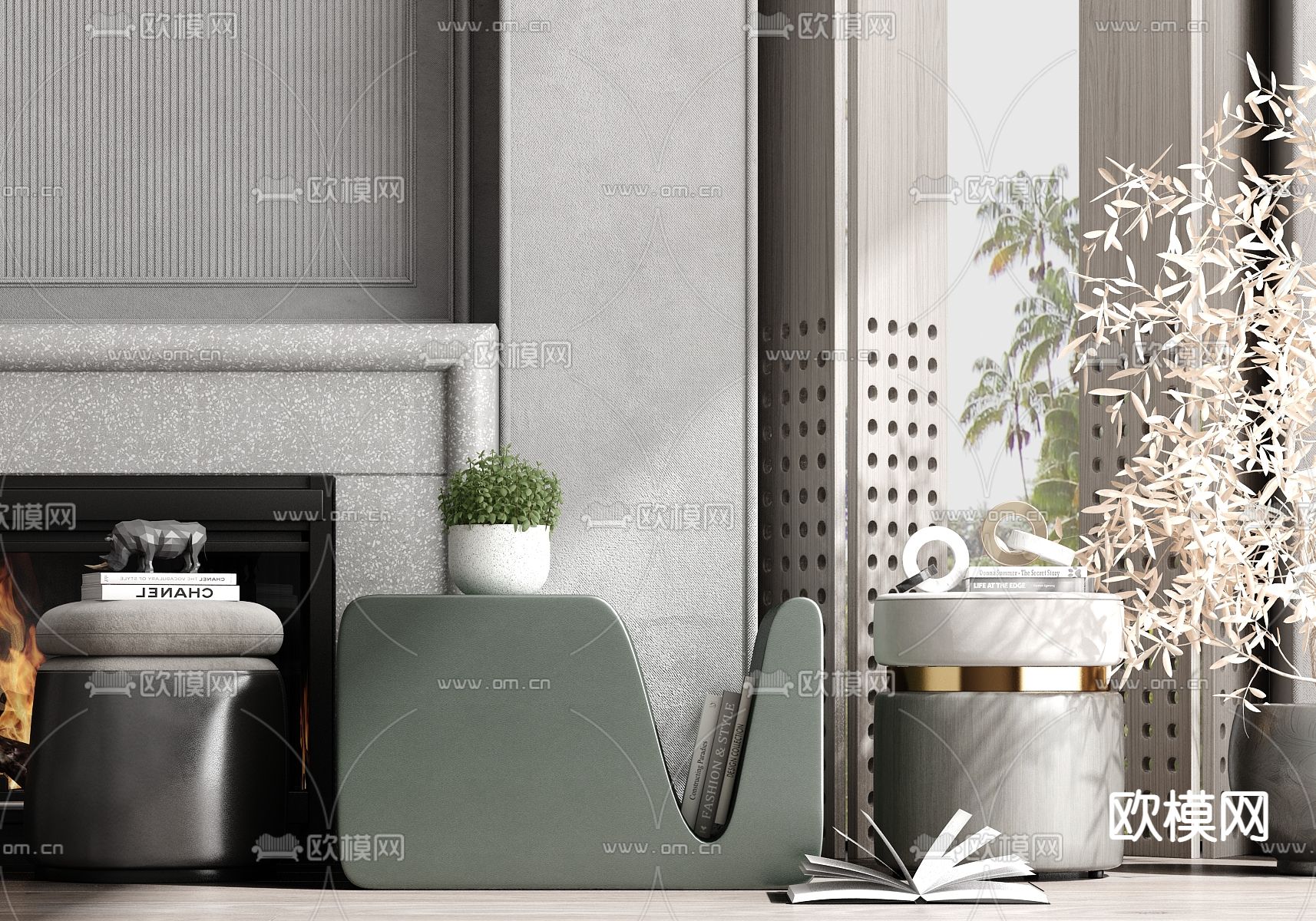 现代轻奢矮凳化妆凳组合su模型下载（渲染图1）