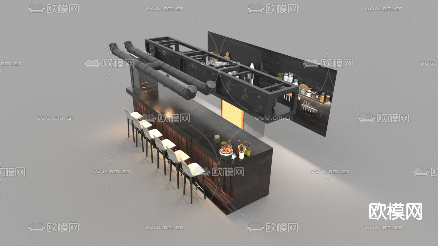 工业风创意实木吧台酒柜免费3d模型下载