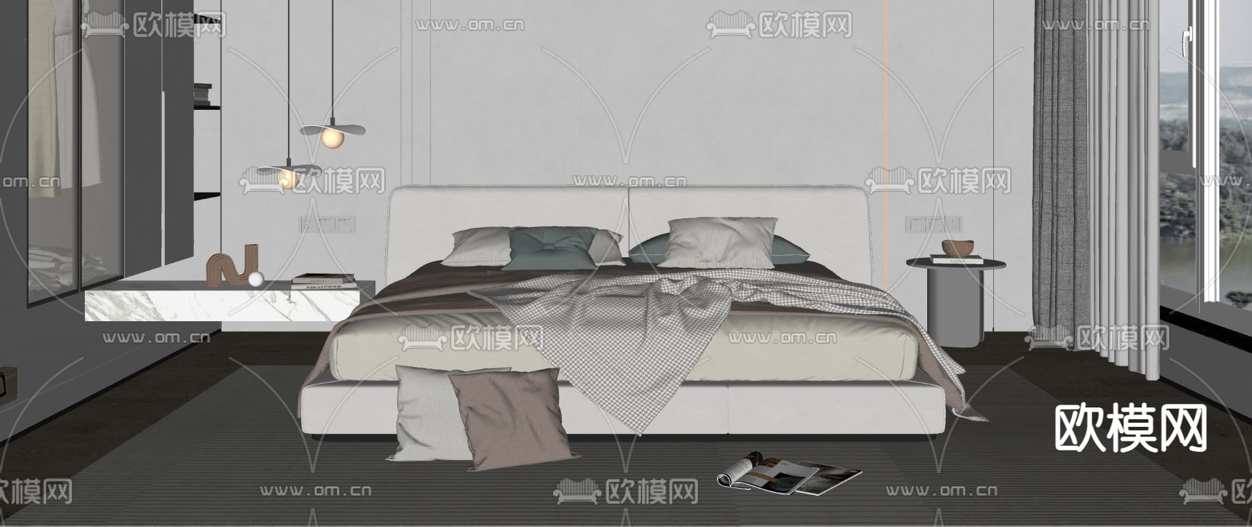 奶油风双人床su模型下载（渲染图2）