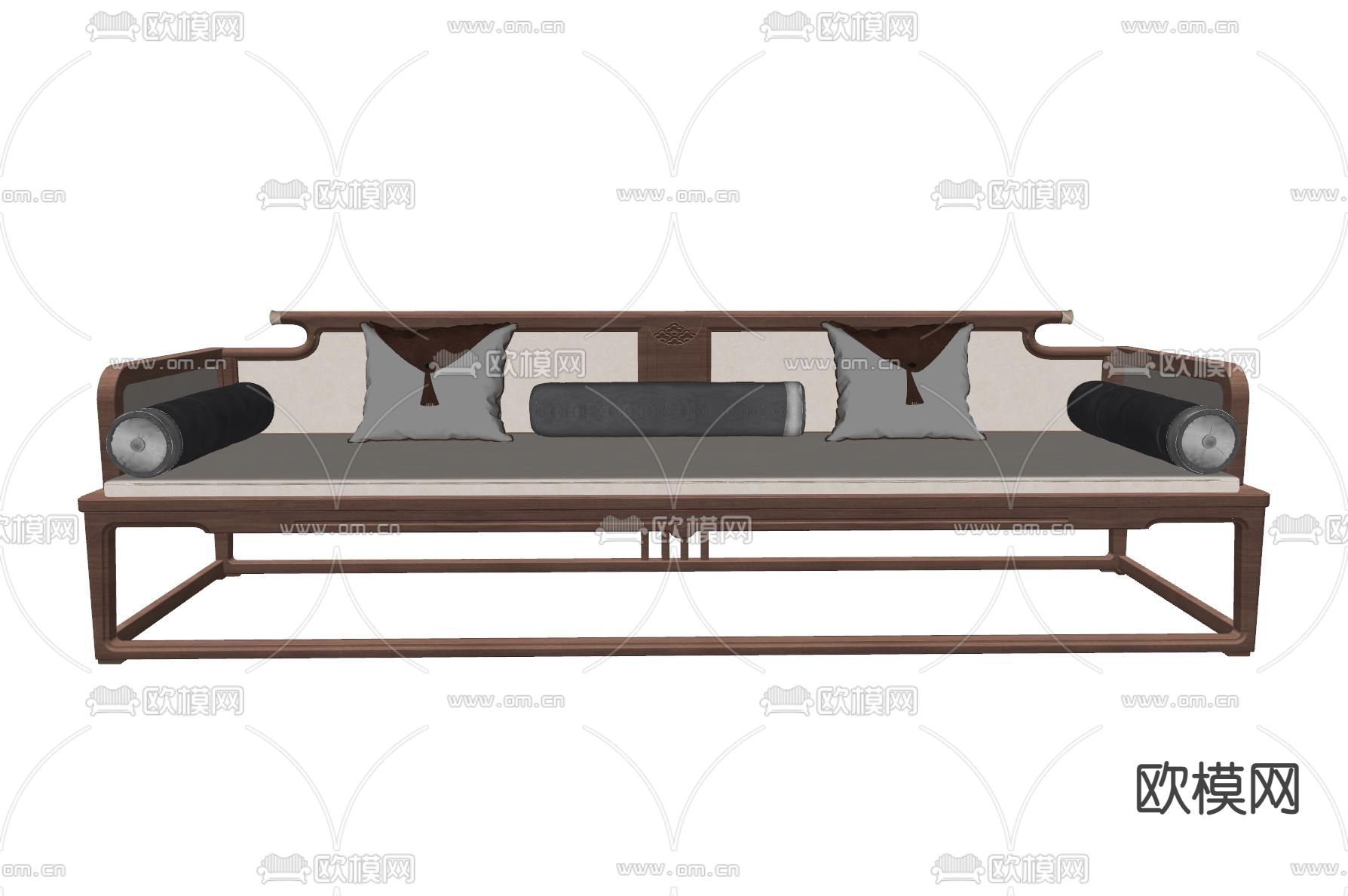 新中式白色罗汉床su模型下载（渲染图2）