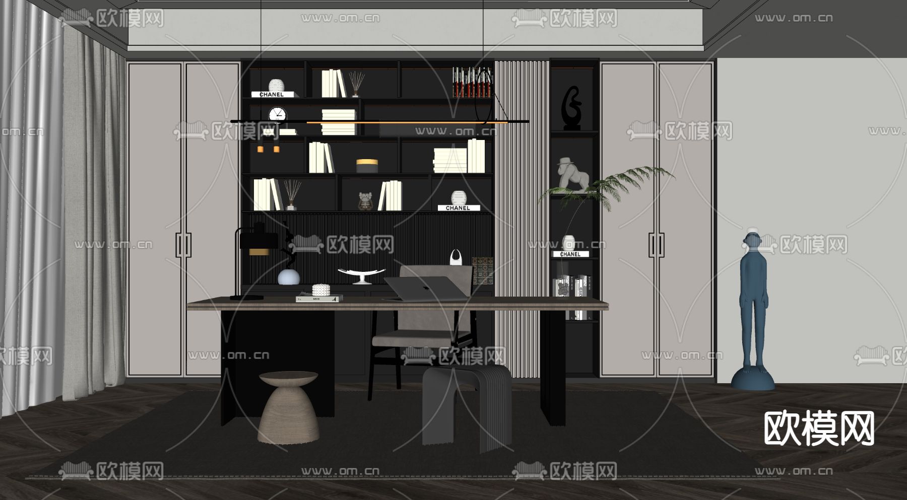 新中式书房su模型下载（渲染图2）