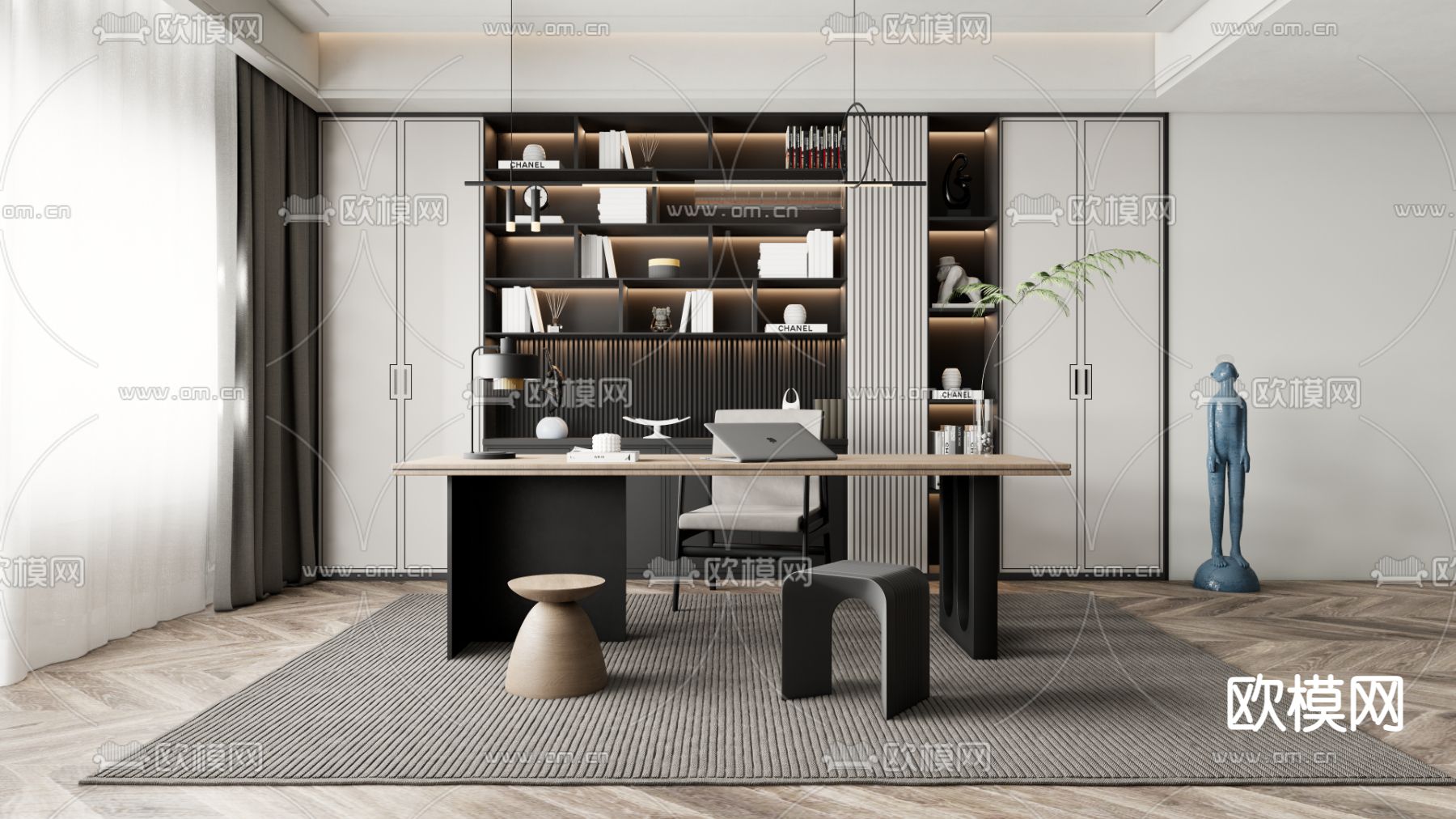 新中式书房su模型下载（渲染图1）
