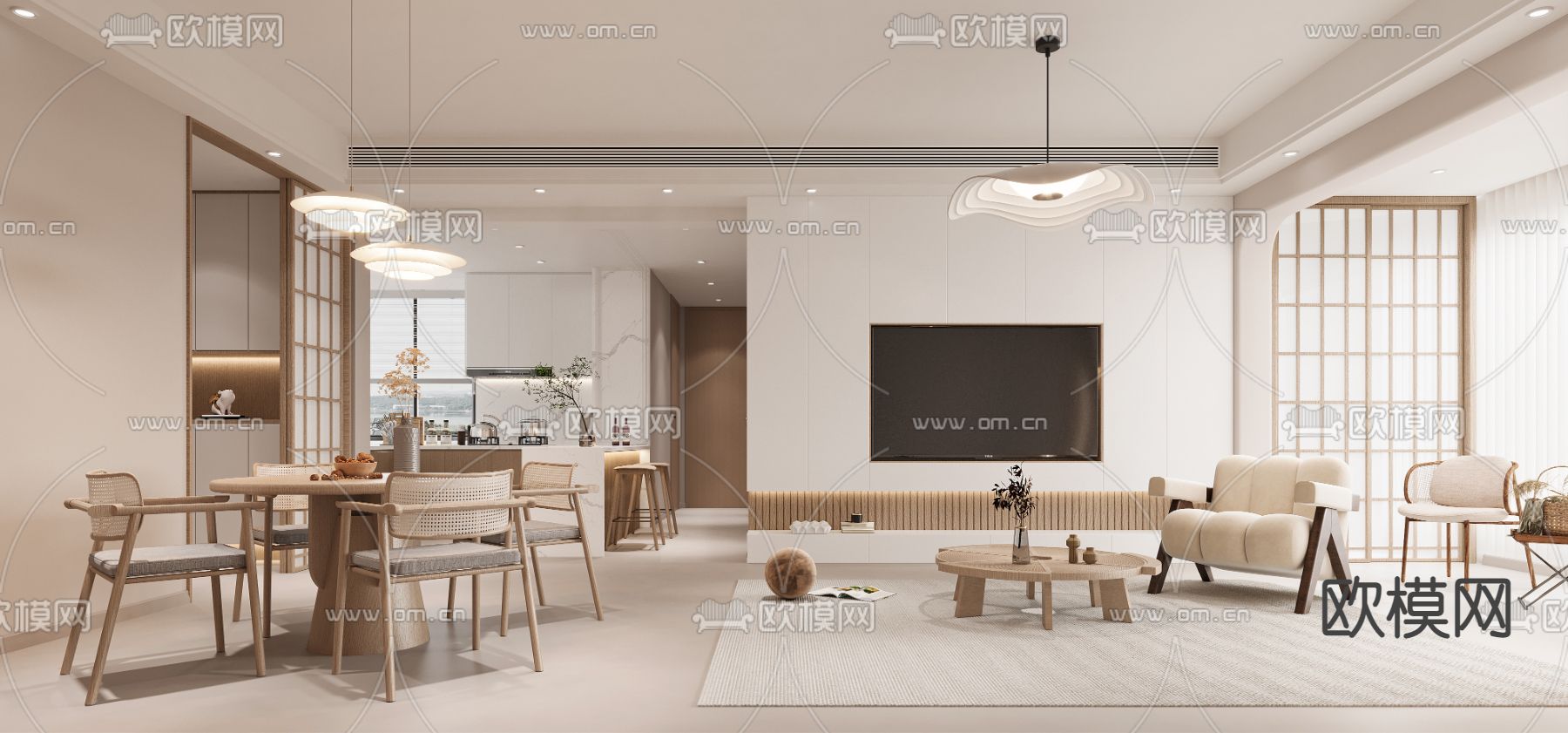 北欧奶油风客餐厅3d模型下载_ID12110994_3dmax免费模型-欧模网