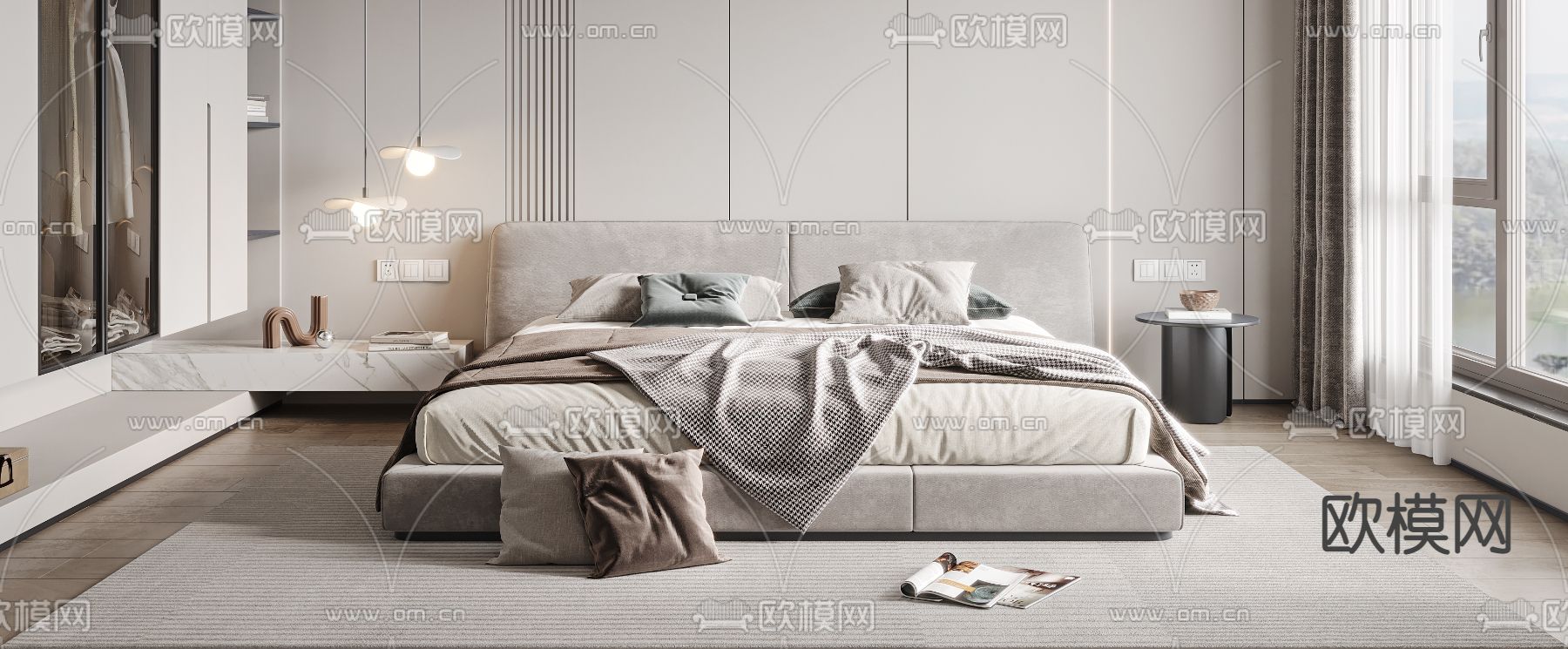 奶油风双人床su模型下载（渲染图1）