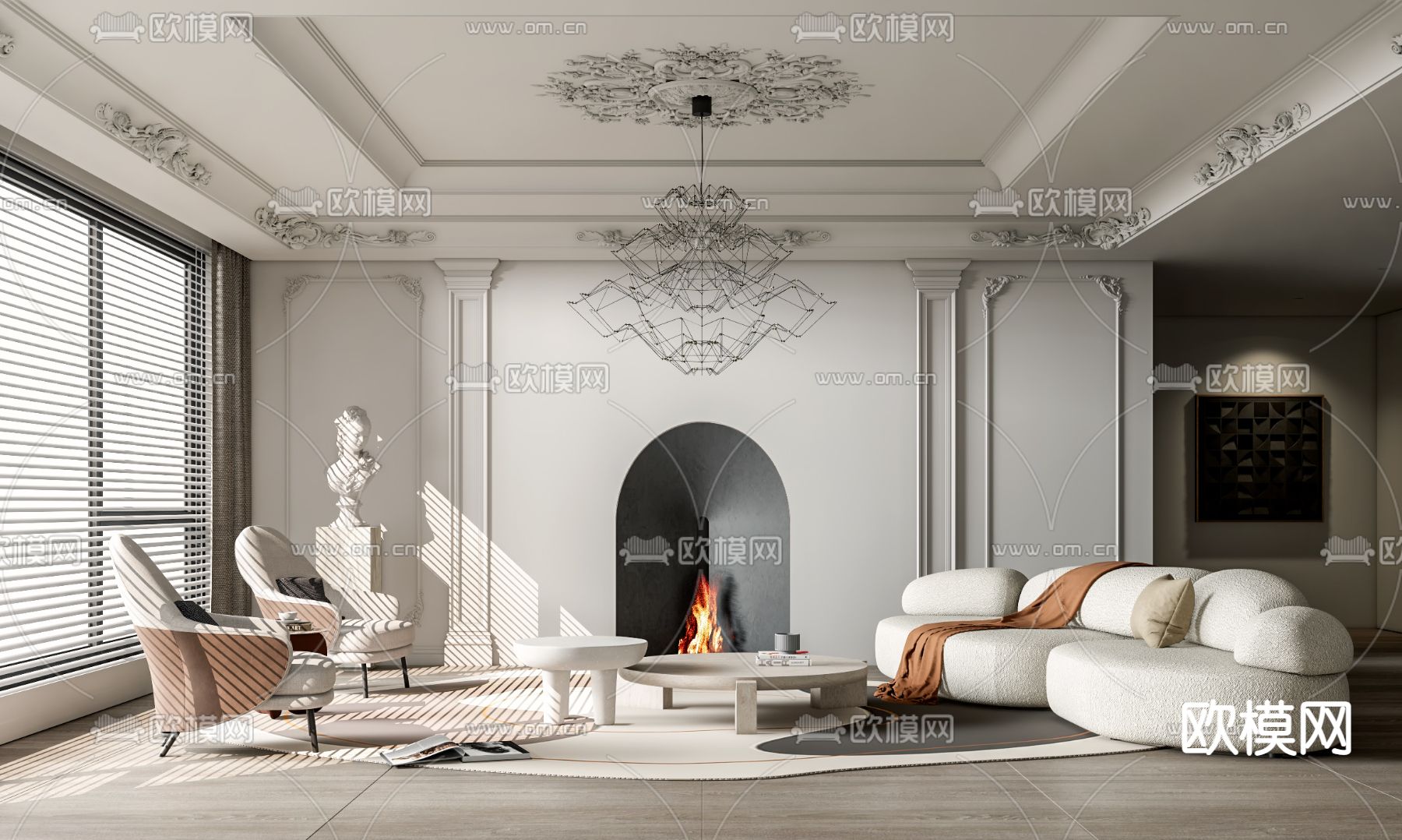 法式奶油风客厅su模型下载（渲染图1）