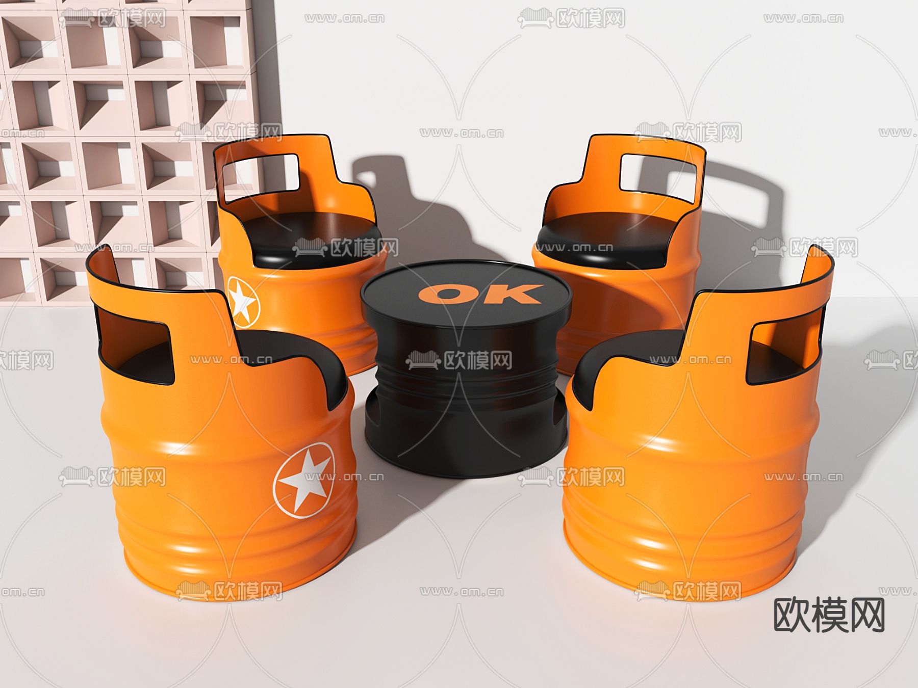 工业风油桶休闲桌椅3d模型下载