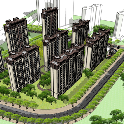  新中式高层住宅楼鸟瞰su模型 