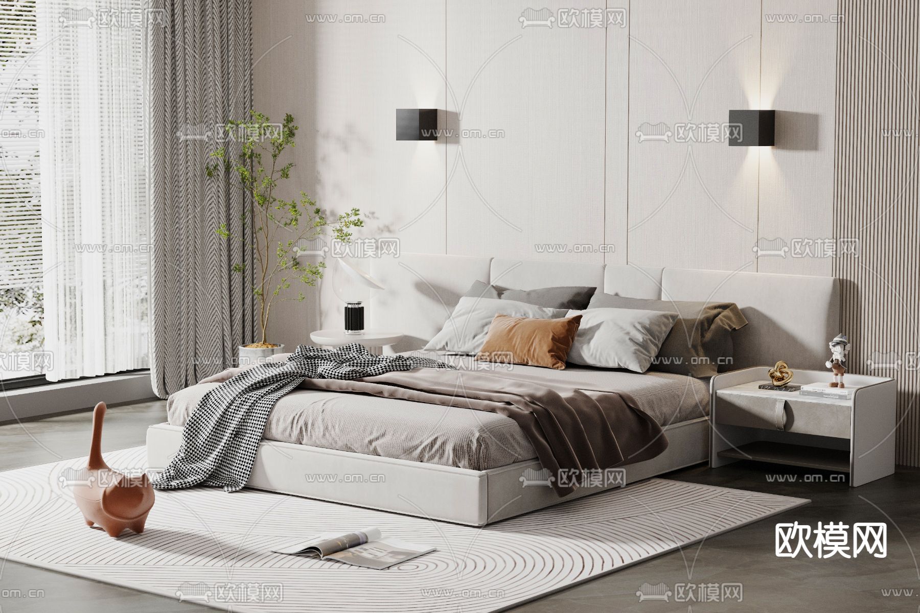 现代高级灰双人床3d模型下载