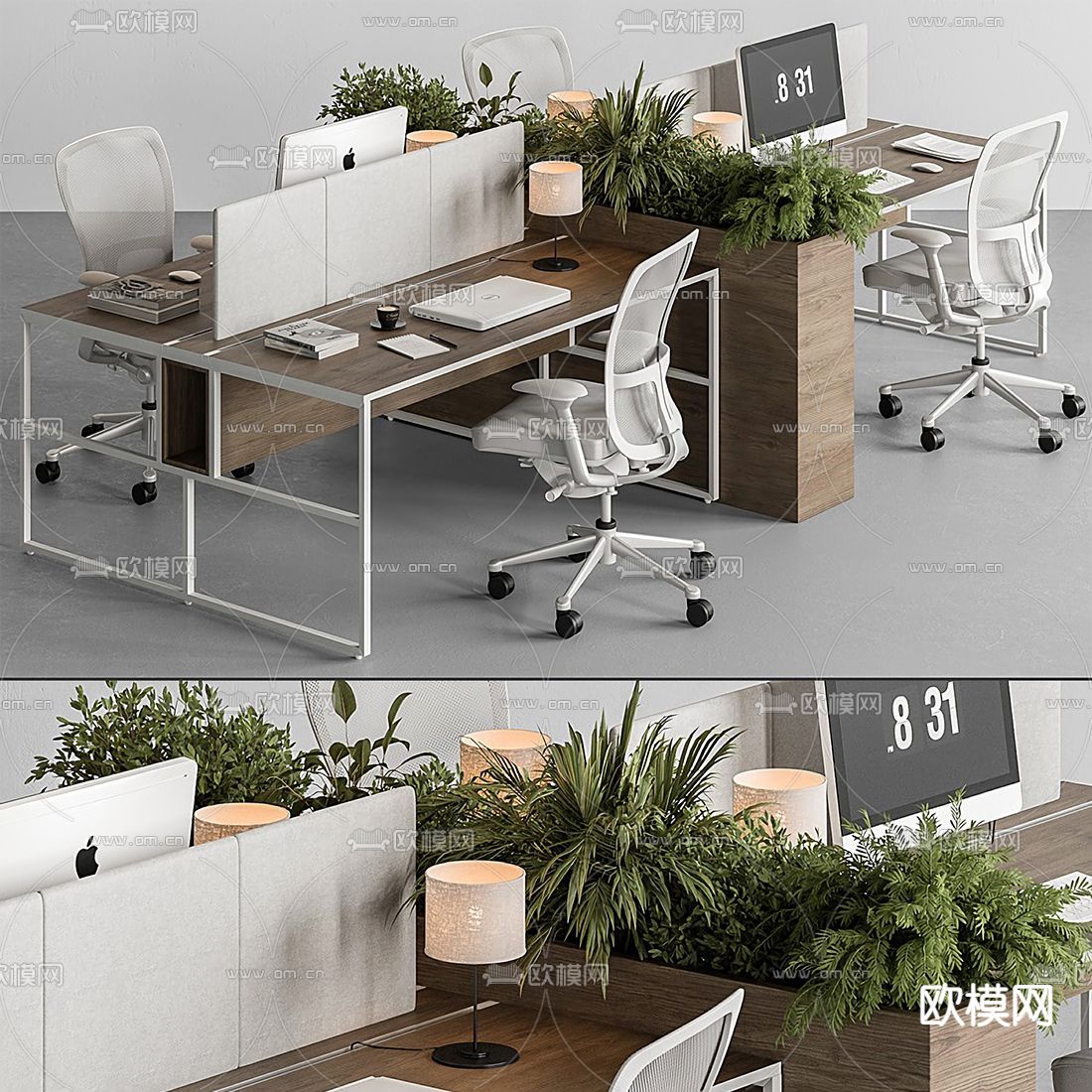 现代卡位办公桌椅su模型下载（渲染图1）