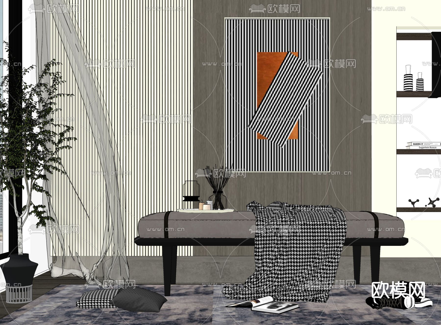 现代轻奢沙发凳床尾凳摆设组合su模型下载（渲染图2）