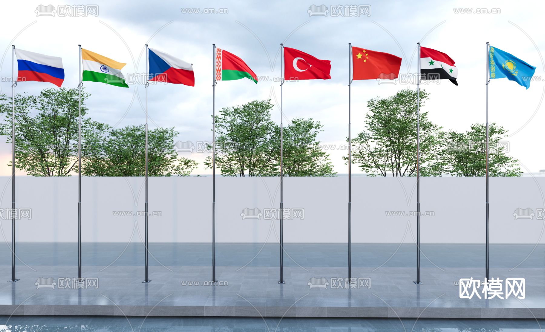 现代旗杆升旗台su模型下载（渲染图1）