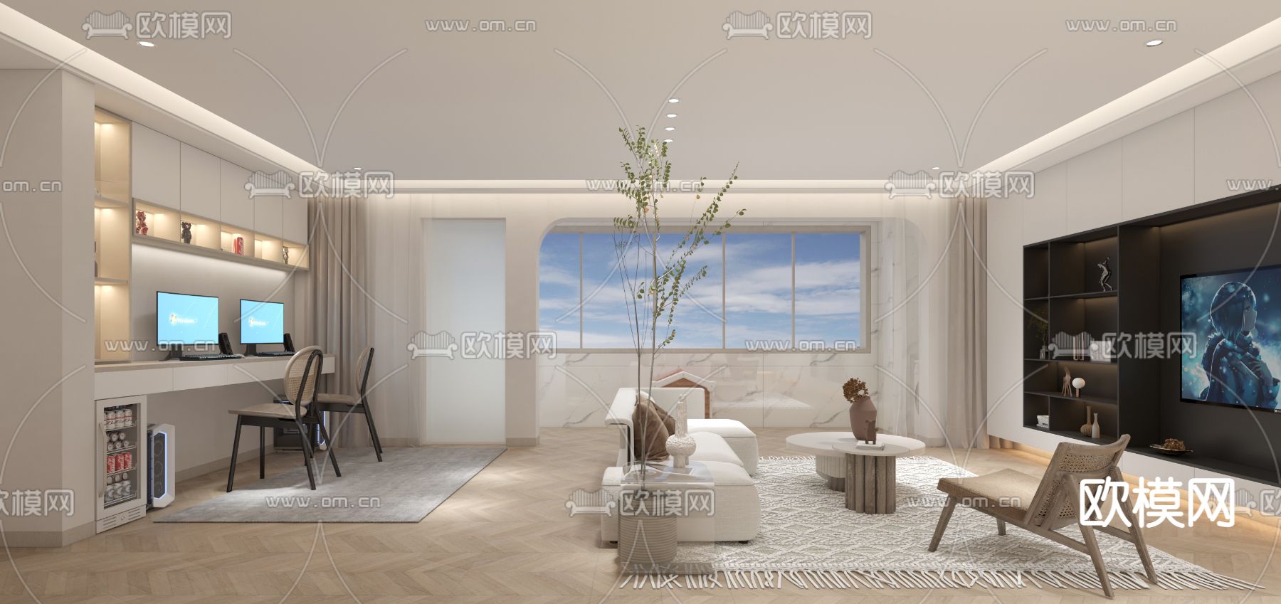 现代客厅餐厅主卧免费3d模型下载（渲染图4）