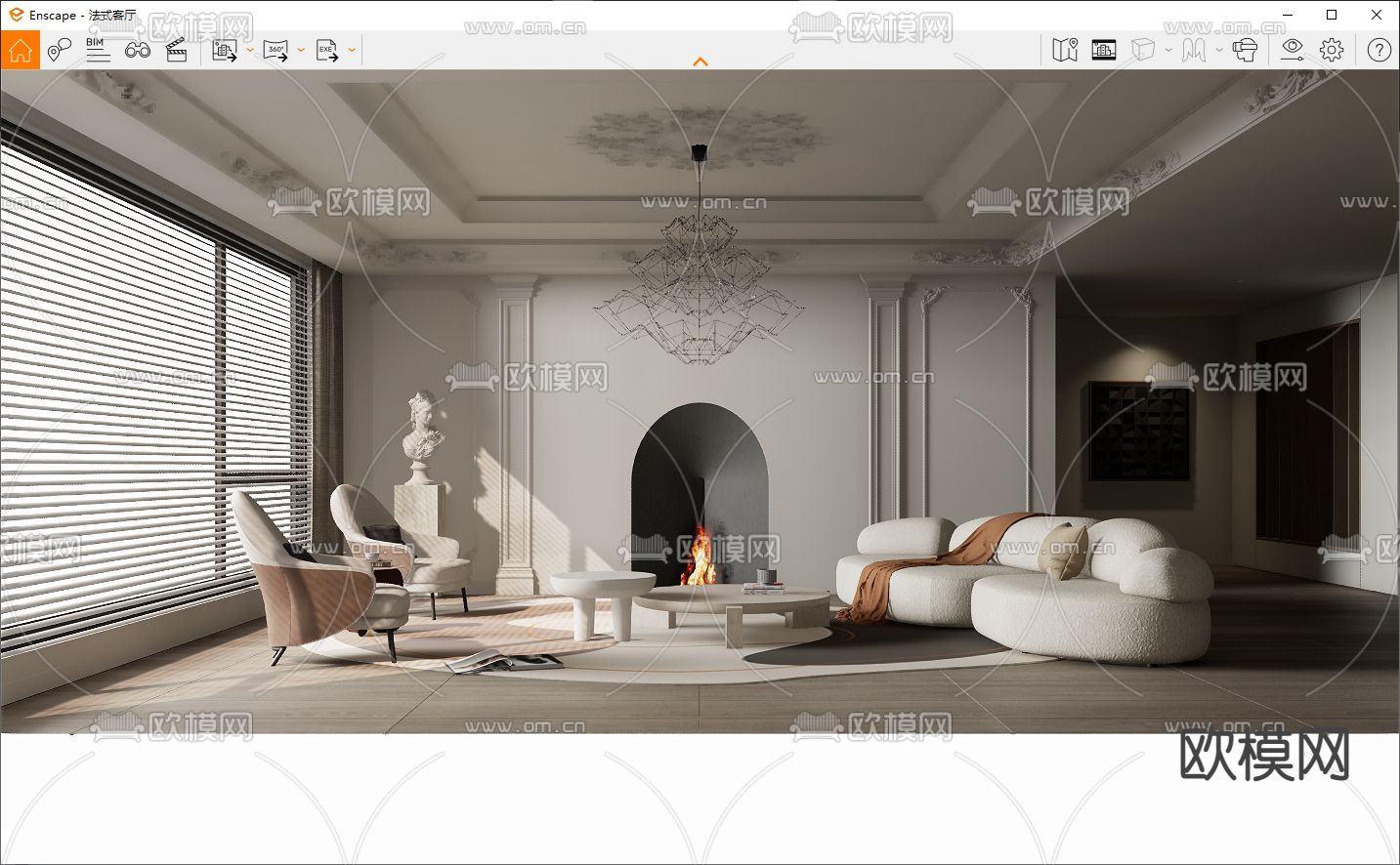 法式奶油风客厅su模型下载（渲染图3）