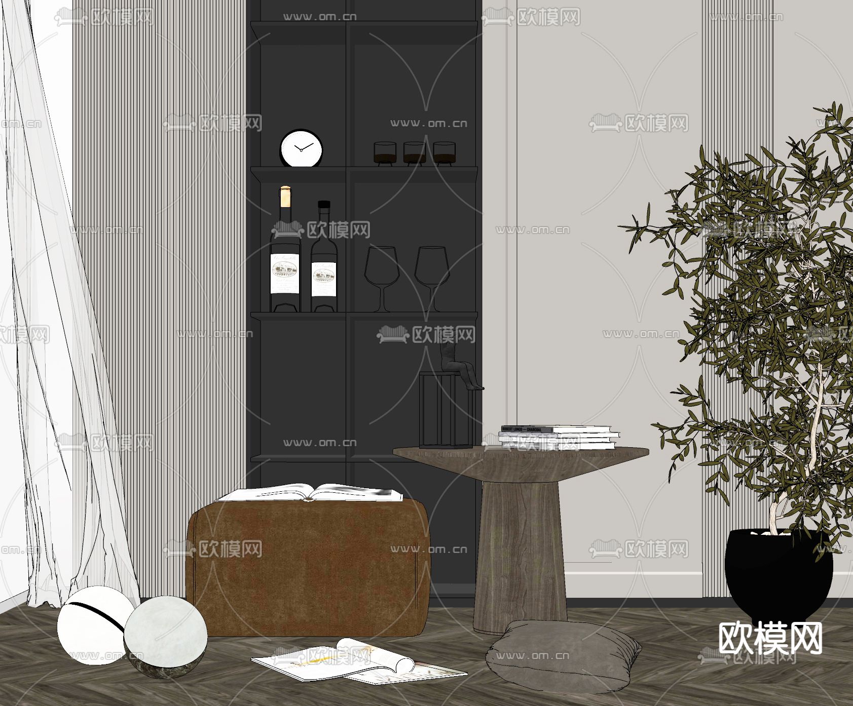 现代轻奢沙发凳角几饰品组合su模型下载（渲染图2）