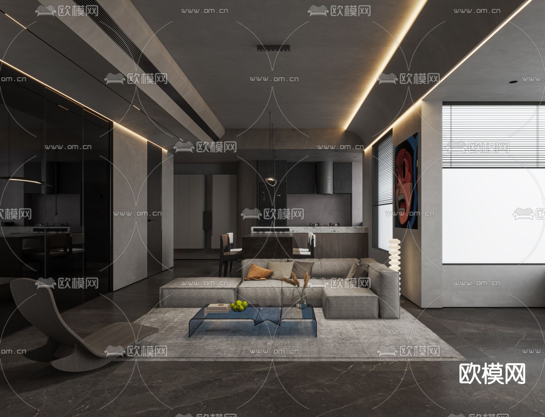 现代高级灰客厅餐厅3d模型下载（渲染图1）