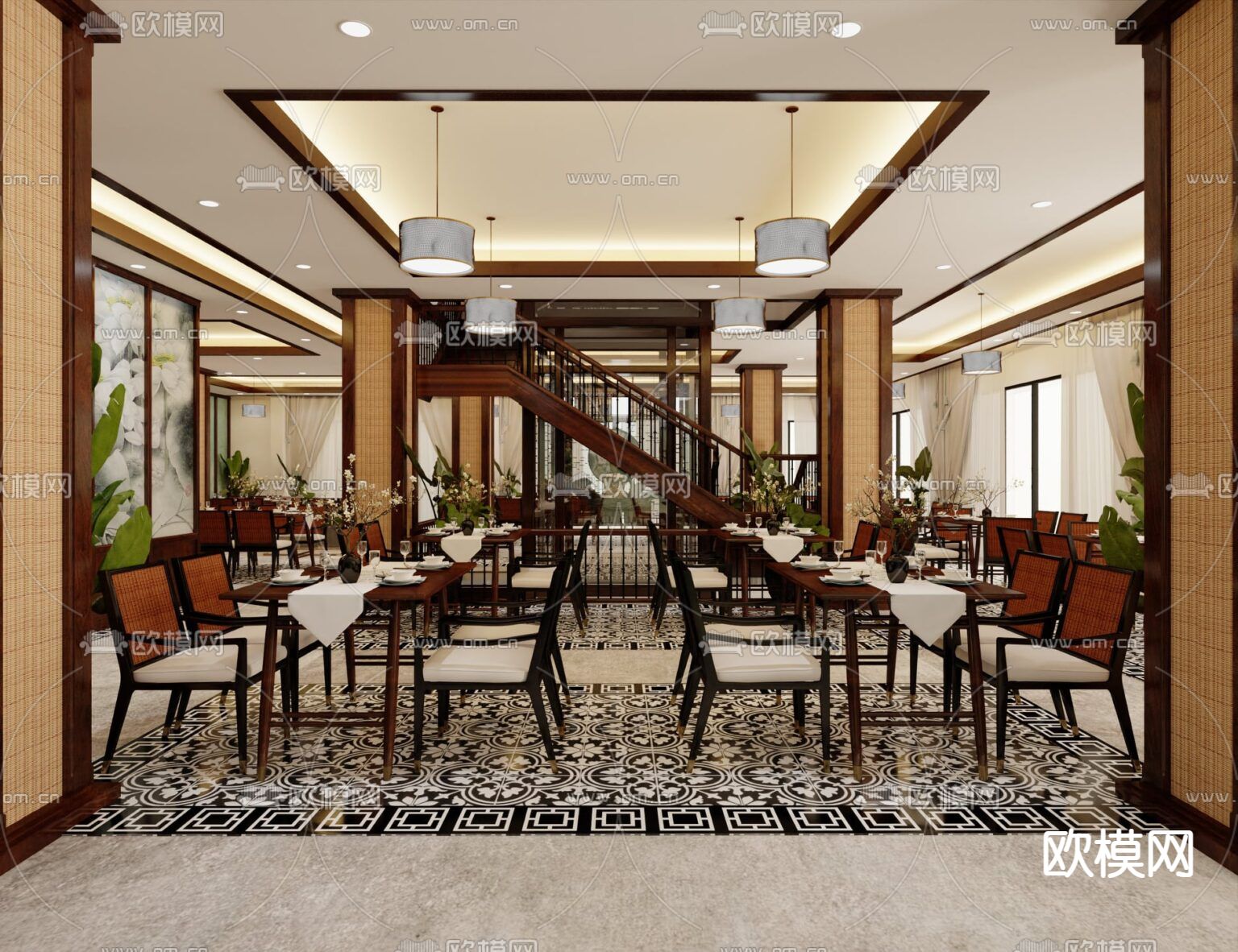 新中式古典禅意餐厅免费3d模型下载（渲染图6）