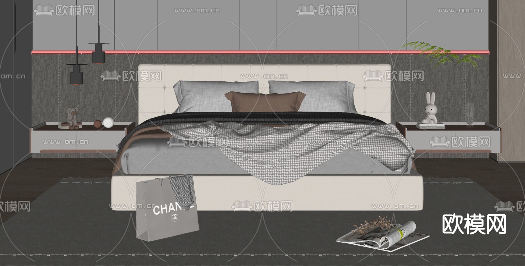 奶油风双人床su模型下载（渲染图2）