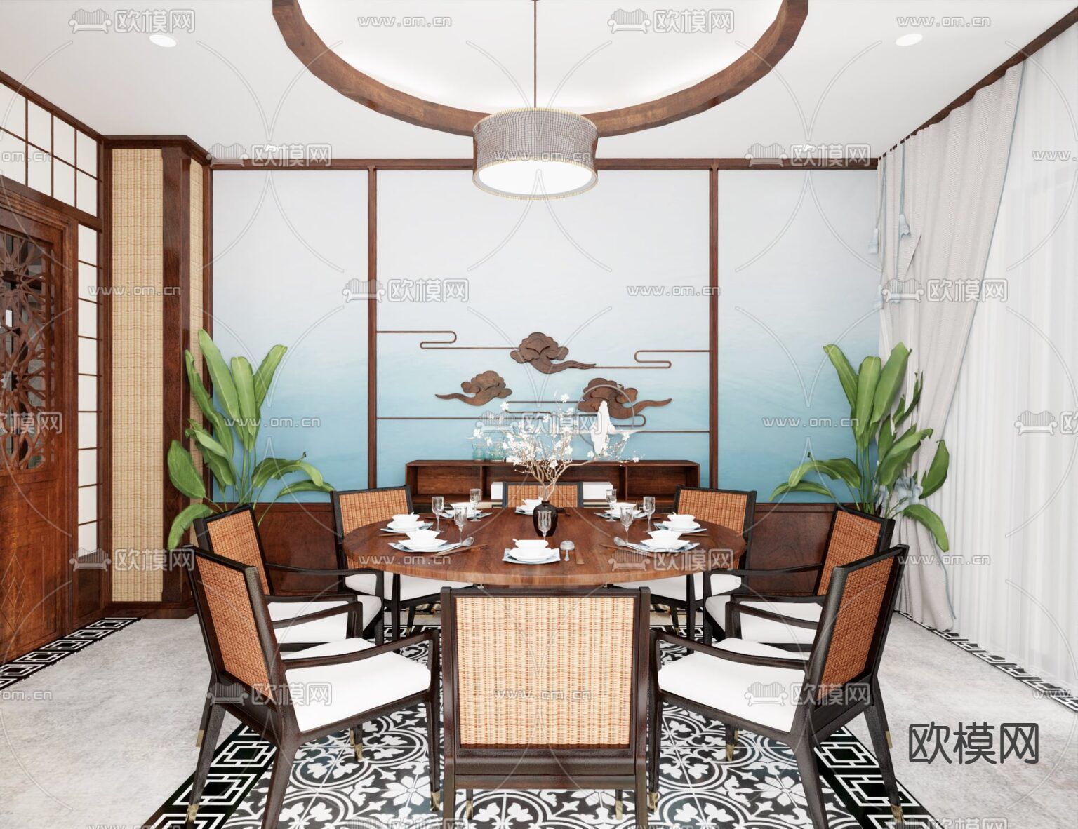 新中式古典禅意餐厅免费3d模型下载（渲染图3）