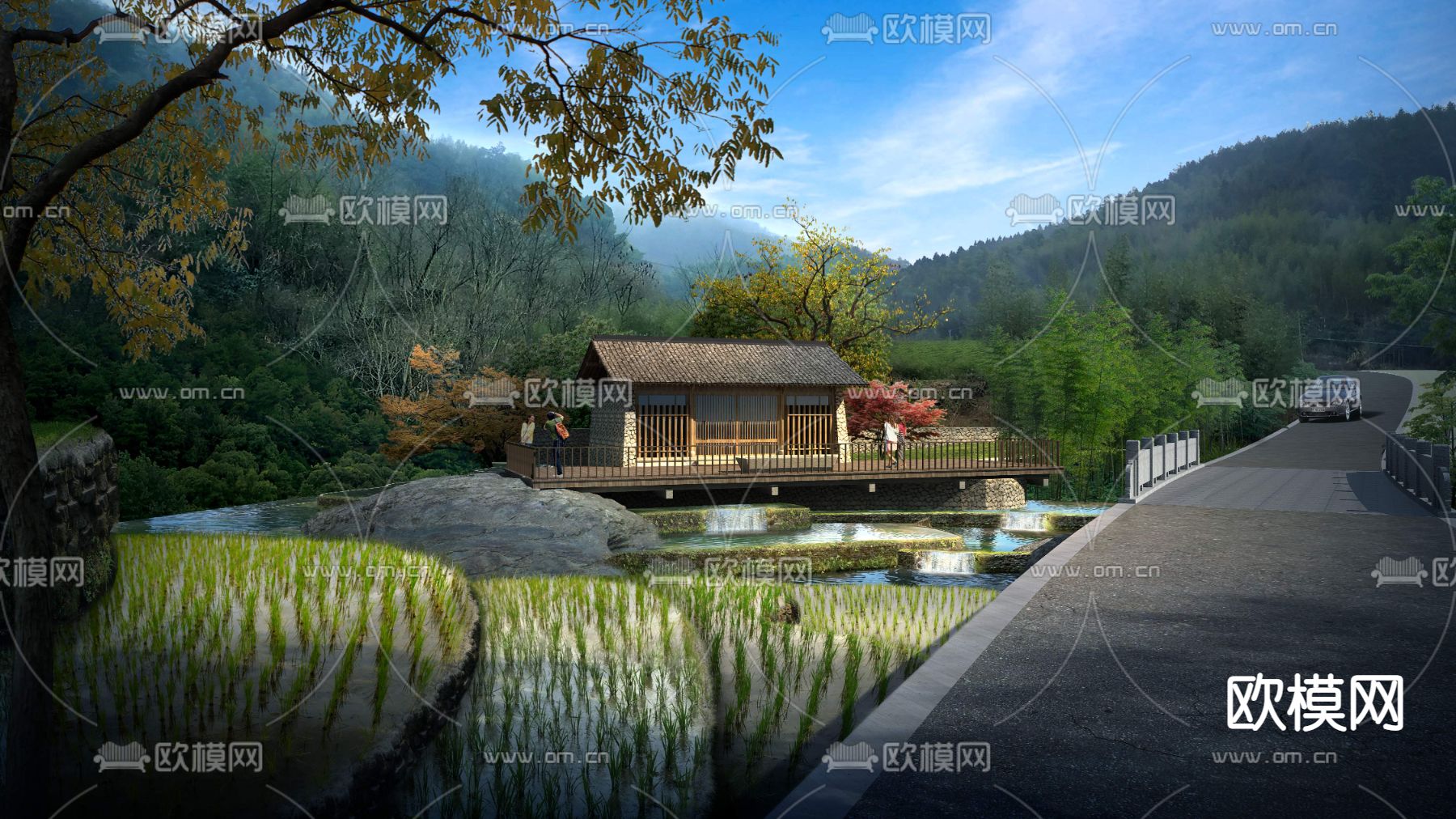 新中式山间凉亭道路桥梁psd下载