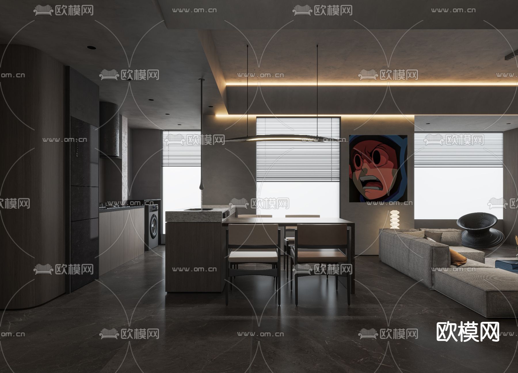 现代高级灰客厅餐厅3d模型下载（渲染图2）