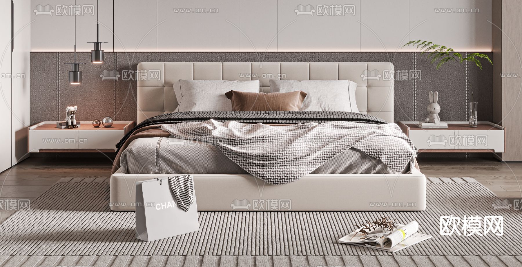 奶油风双人床su模型下载（渲染图1）