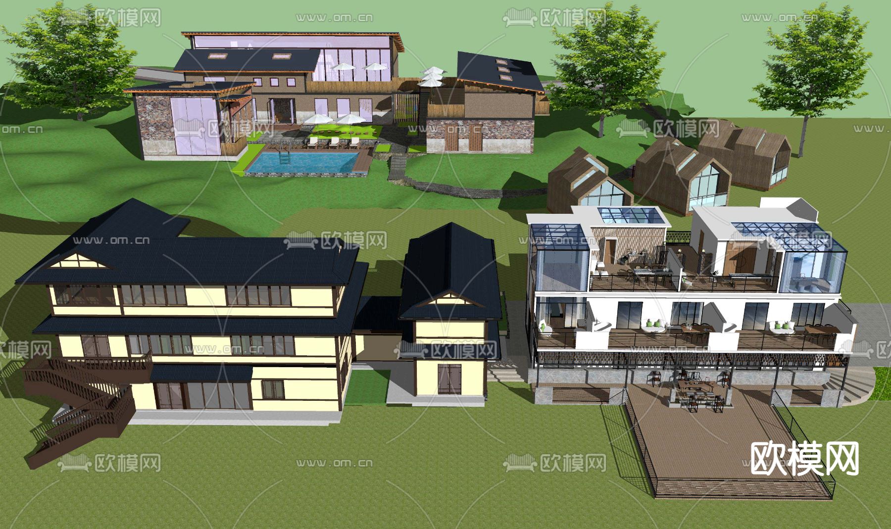 新中式旅游度假酒店外观建筑su模型下载