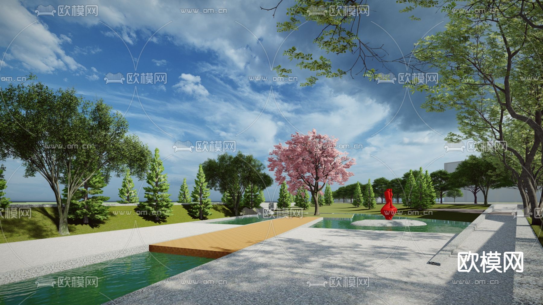 现代城市滨水公园景观su模型下载（渲染图1）