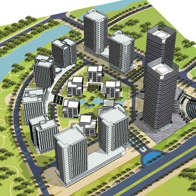  现代产业园办公楼鸟瞰su模型 