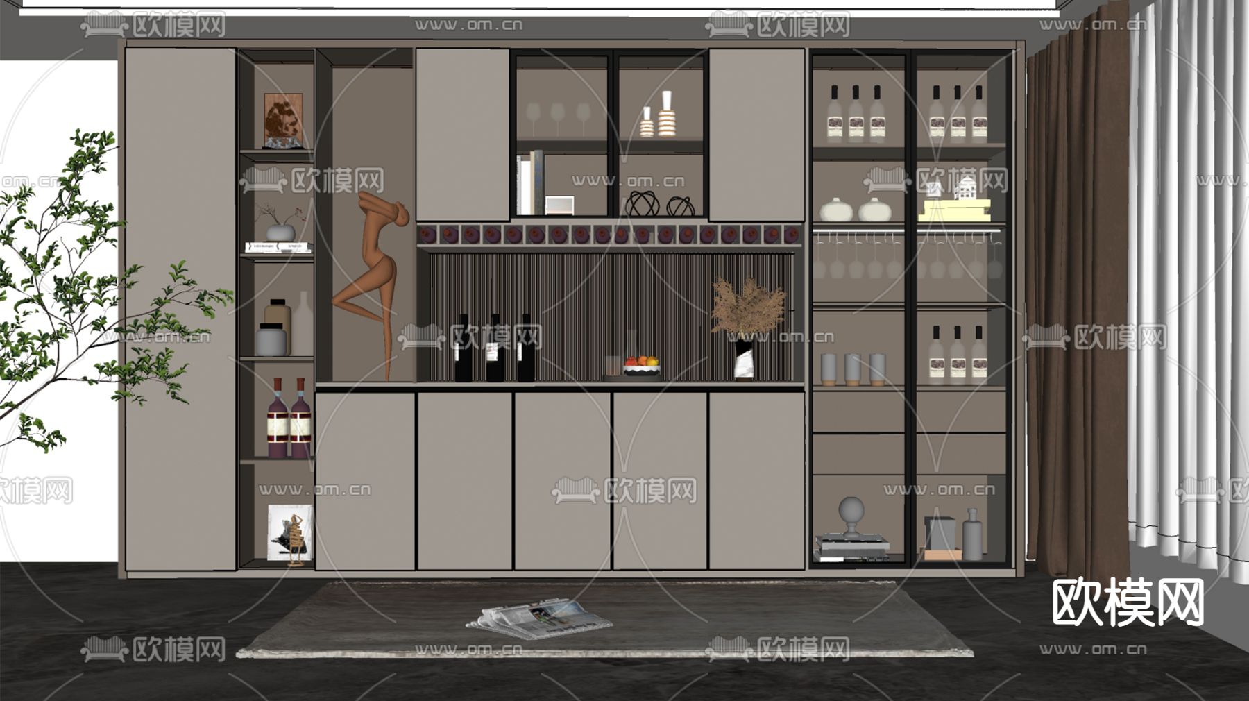 现代轻奢酒柜su模型下载（渲染图2）