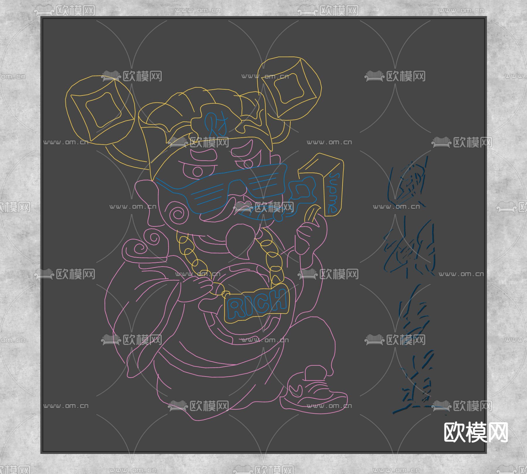 现代国潮财神爷霓虹灯su模型下载（渲染图2）
