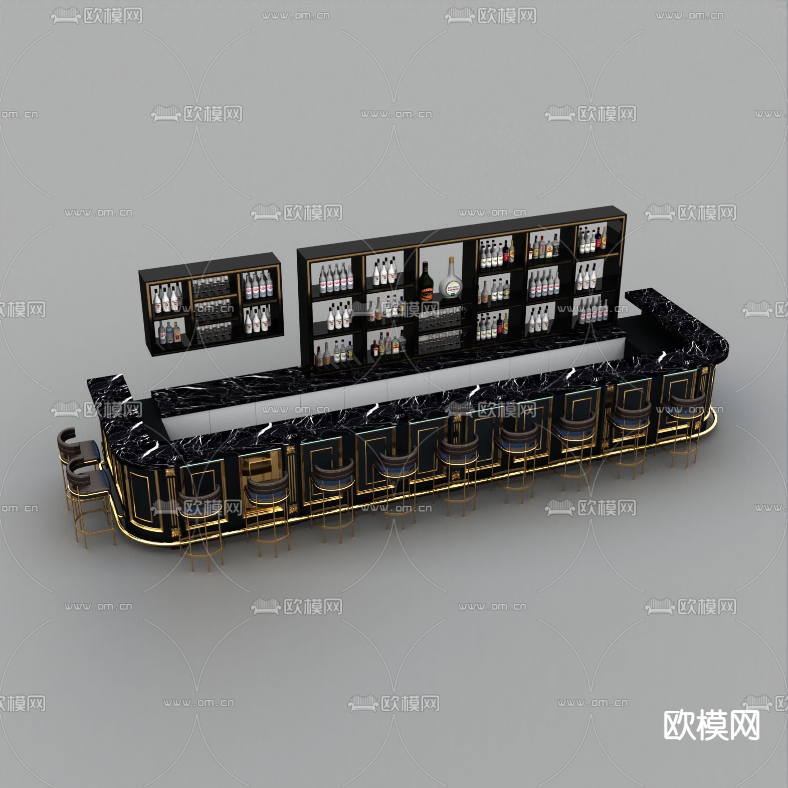 现代轻奢实木不锈钢大理石吧台免费3d模型下载