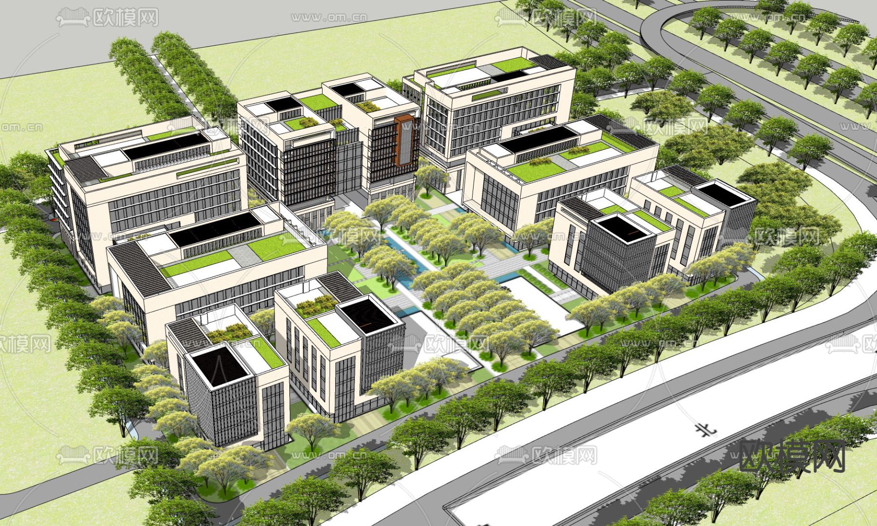 现代产业园办公楼鸟瞰su模型下载（渲染图1）